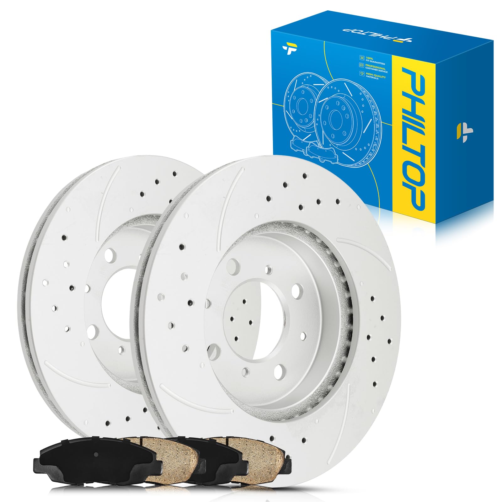 PHILTOP Brake Kits Front Brake Pads and Rotors Kit for Honda 1999-2005 Civic, Honda 2010-2014 Insight Drilled and Slotted Brakes Rotors Ceramic Brake