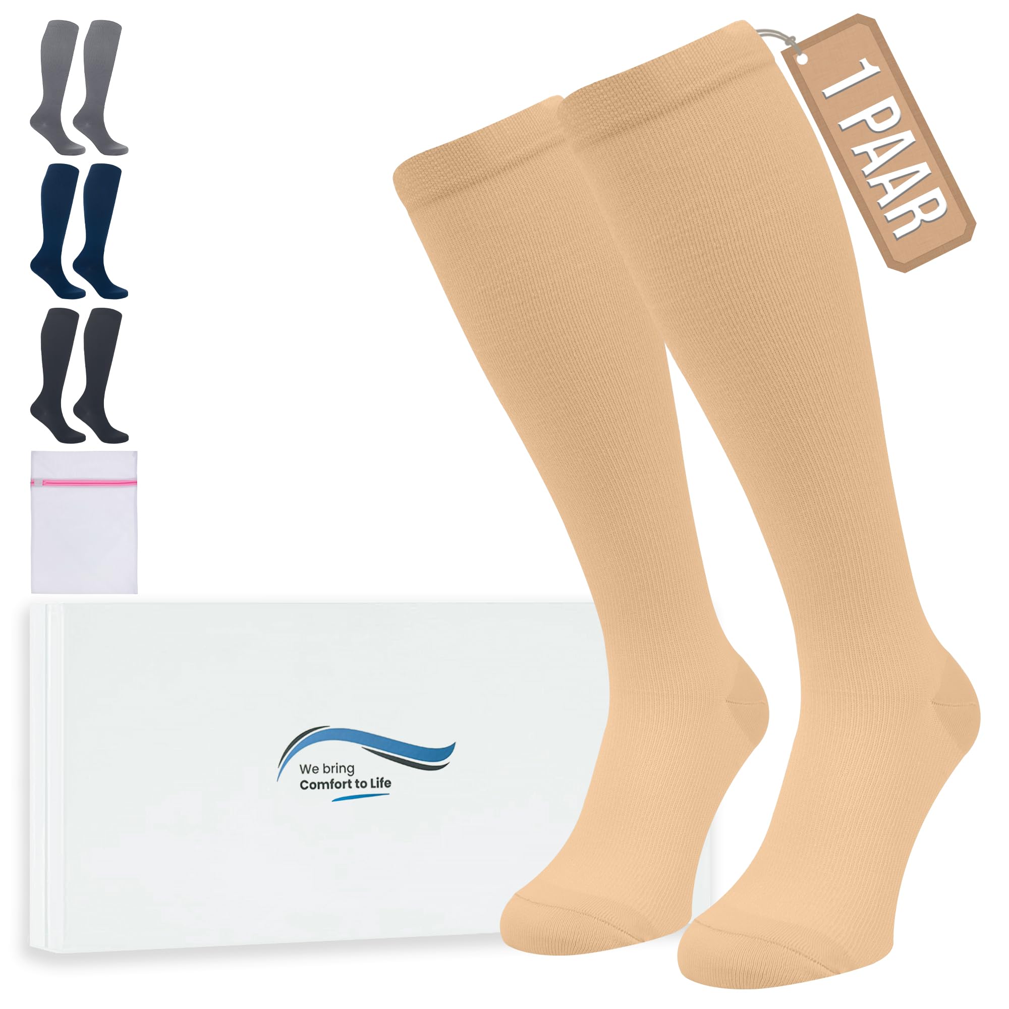 360 Relief Kompressionsstrümpfe Damen und Herren - 1 Paar Stützstrümpfe für Sport, Laufen, Flug, Reise, Joggen, Radsport - Thrombosestrümpfe S/M Beige mit Wäschenetz