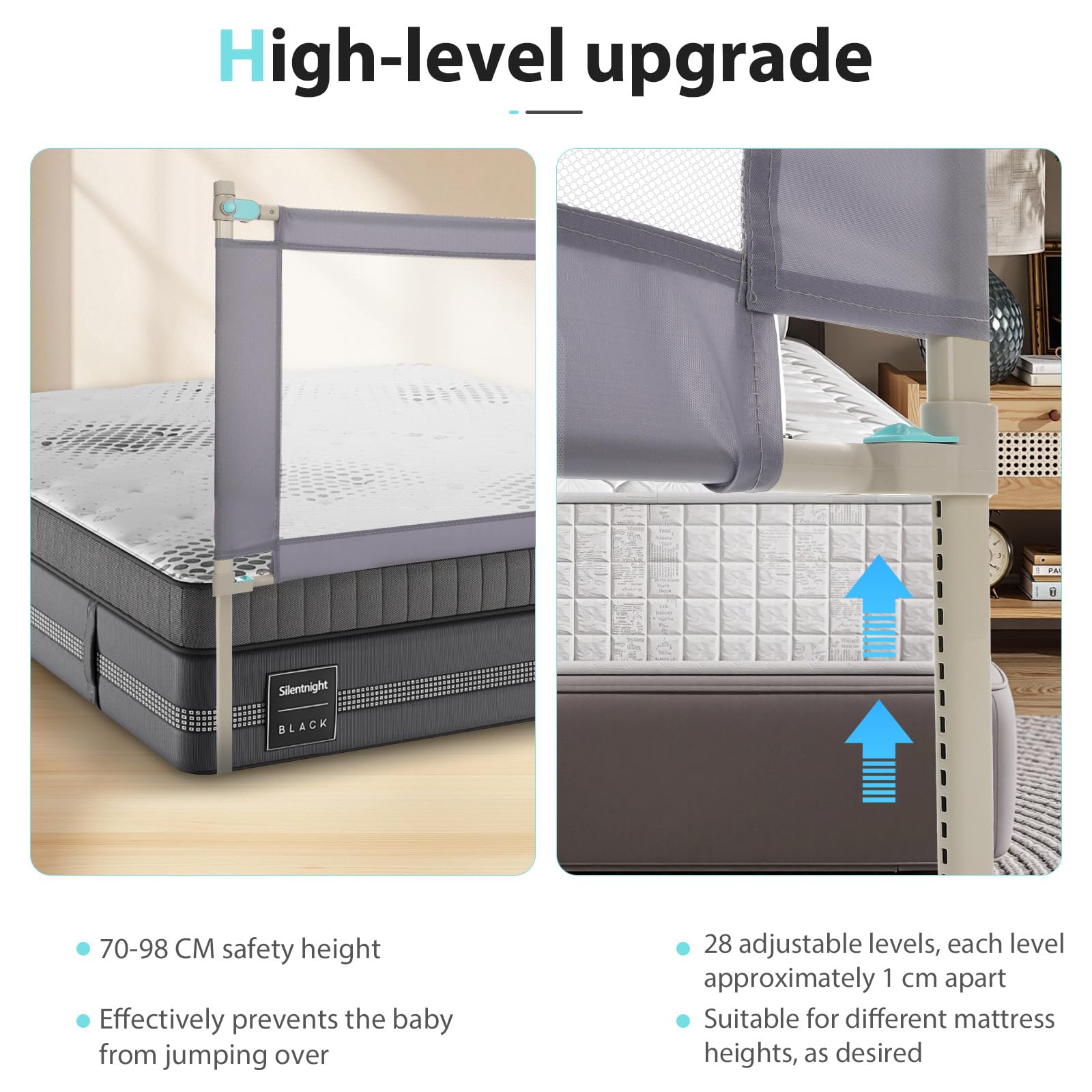 Barrera Seguridad Niños Cama, Barandilla Cama 180+200+200cm, Protección Anticaídas con Malla Transpirable, Barandilla Regulable en Altura 69-98 cm, Pasamanos con Bolsillo Lateral, Apto para Boxspring