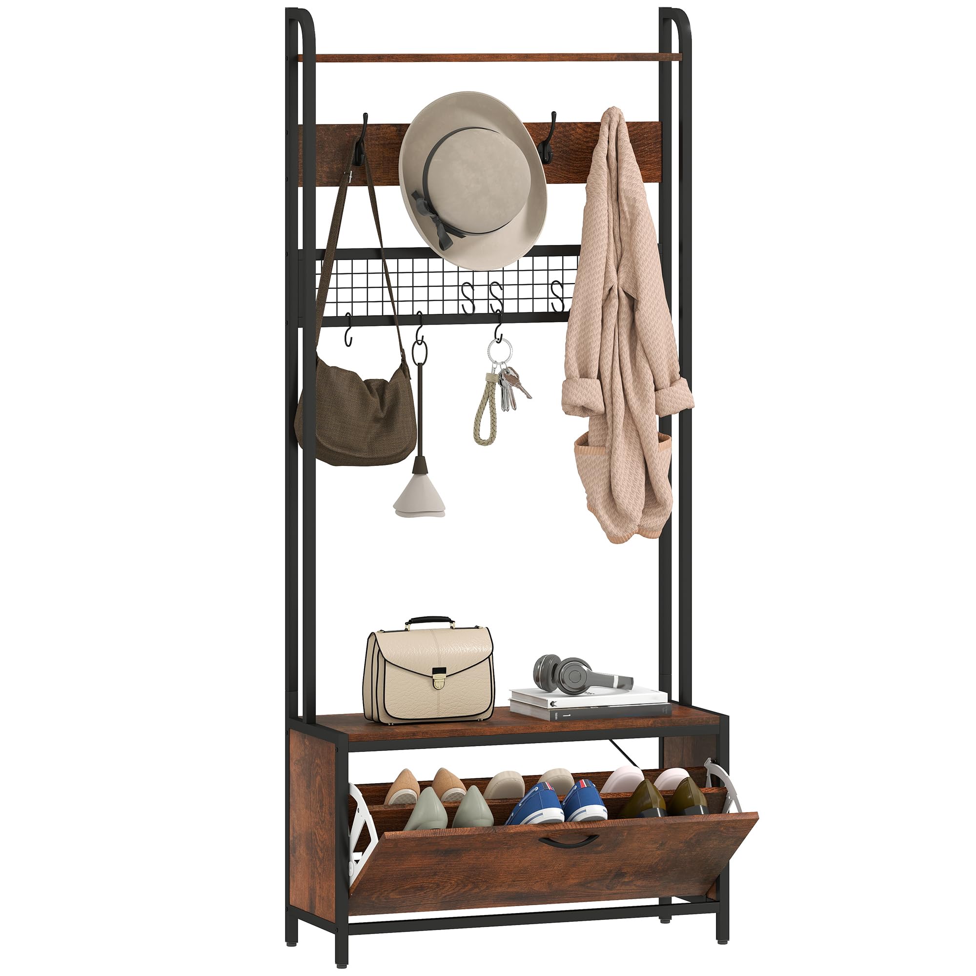 HOMCOM Industrial Hall Tree Coat Stand with 2-Tier Shoe Storage - Rustic Brown