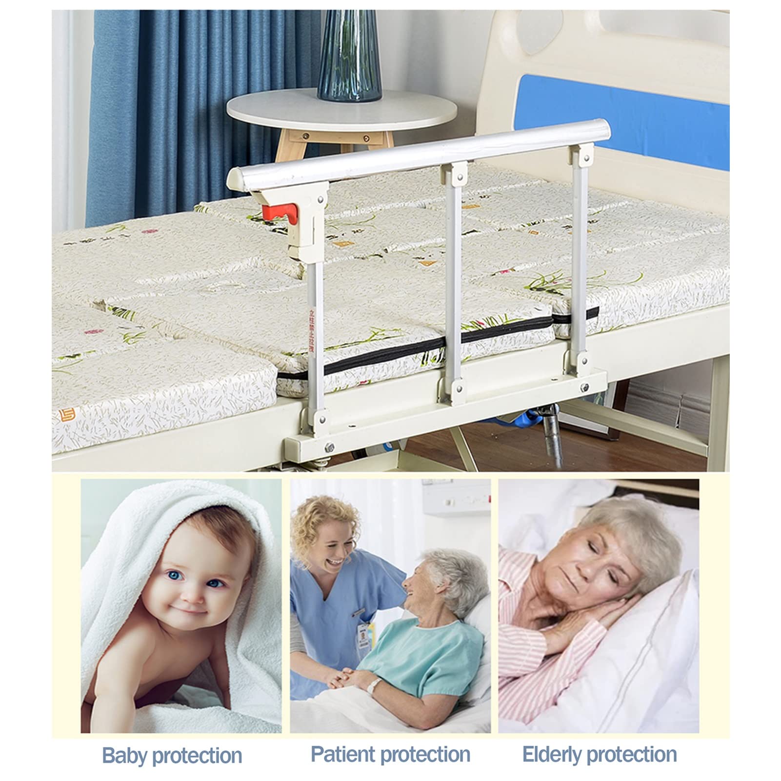Barandilla de cama plegable de metal con protector lateral de seguridad para adultos mayores, asa, con barra de parachoques de agarre, color plateado y blanco, 70 cm