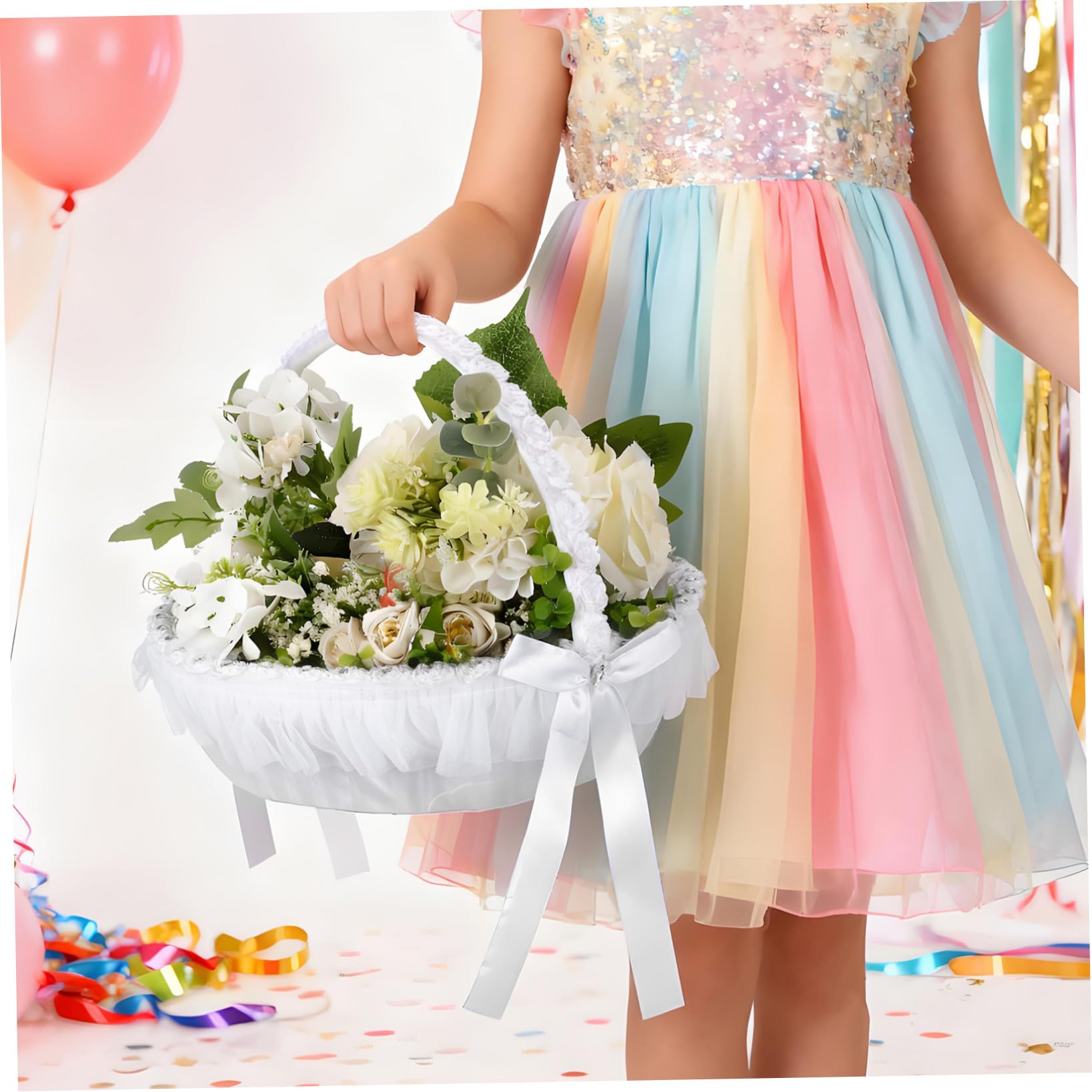 Beavorty Hochzeitsblumenkorb in Weiß Leichter und Wiederverwendbarer Körbchen aus Spitze und Polyester für Blumenmädchen bei Romantischer Hochzeitsfeier
