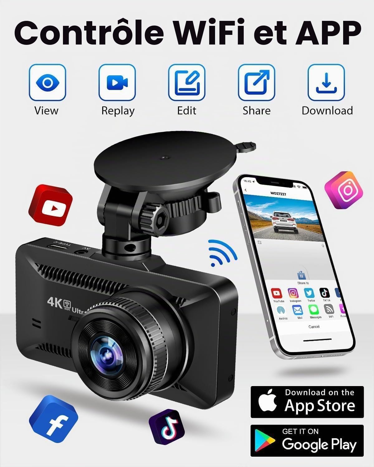 Oryzom Dashcam 4K Pro – Enregistrement Ultra HD avec caméras Avant/arrière, Vision Nocturne et Surveillance 24h/24(Chargeur de Voiture Standard 4k + 1080P + Allume-Cigare)