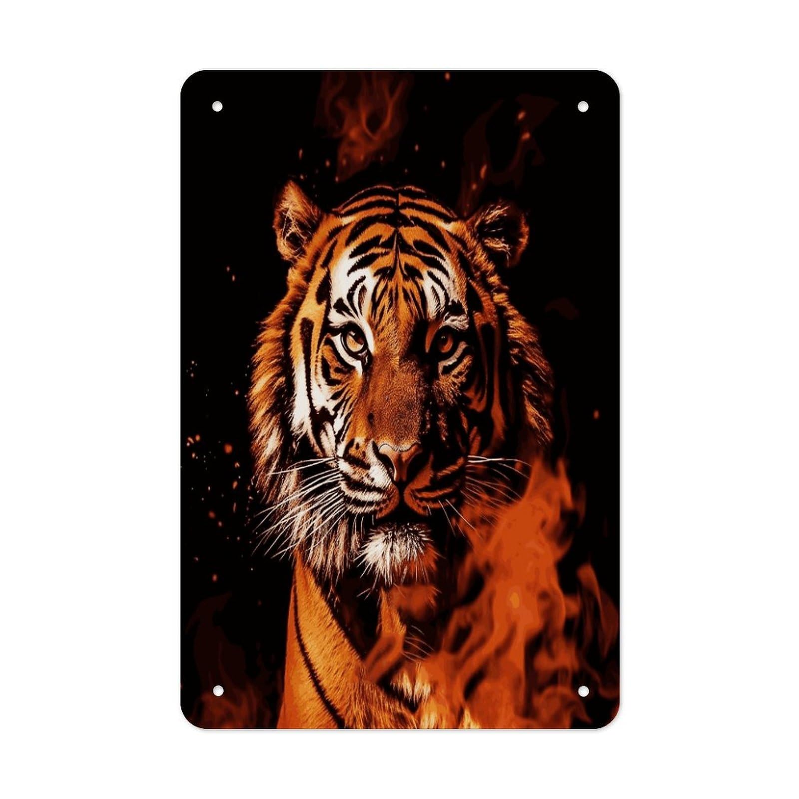 Tiger in Fire Metal Tin Sign Wall Decor Funny Retro Sign Weatherproof Metal Wall Art for Indoor Or Outdoor Retro Tin Signs for Kitchen Office Home Bar Decor 11.8 X 7.9 Inch