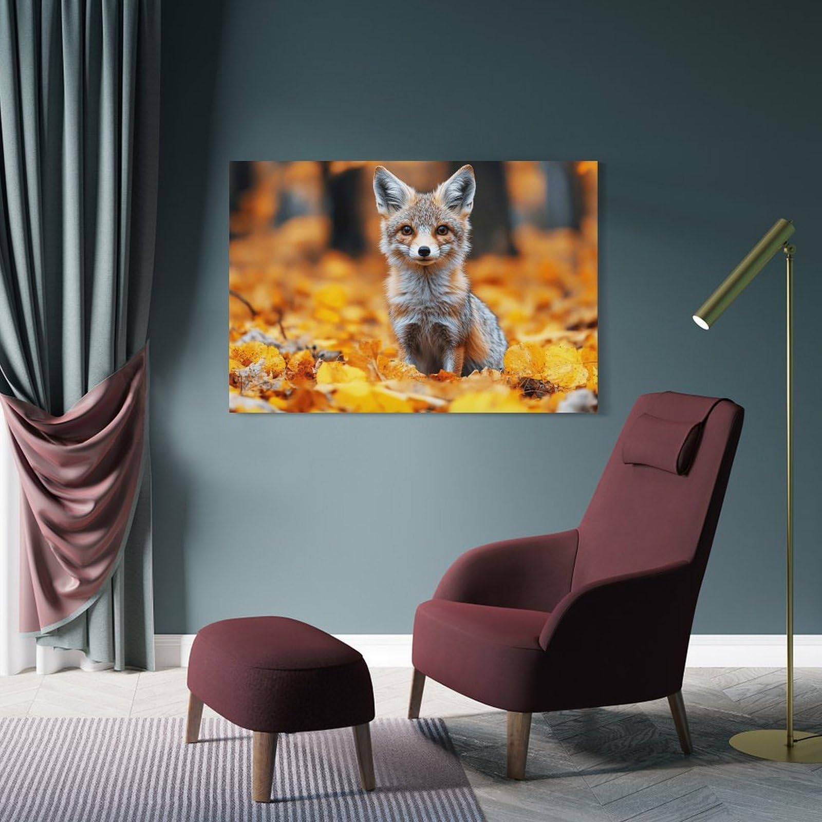 Junmoney Frame-Style-17 Fox In Autumn Leaves Portrait Decorative Wall Artwork 24X36inch(60X90cm), For Entrance Spaces, Stair Walls Or Halls, A Stylish Accent For Home Entrances