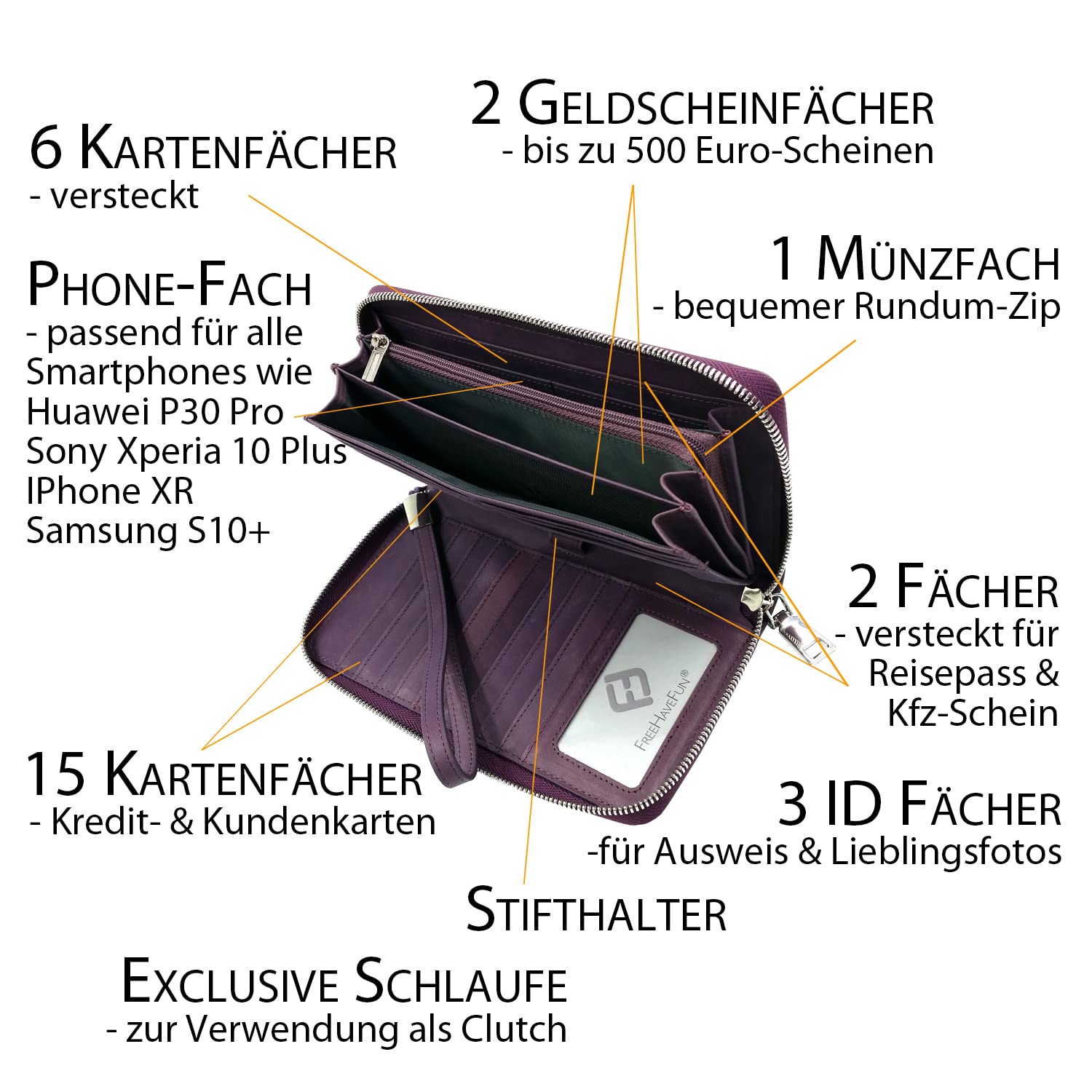 Damen Portemonnaie Oil-Wax-Leder lila groß lang, RFID Schutz, Münzfach, viele Fächer Handyfach, Clutch Geldbörse Portmonee Geldbeutel Brieftasche Damenbörse Damengeldbörse Geldtasche Damenportemonnaie