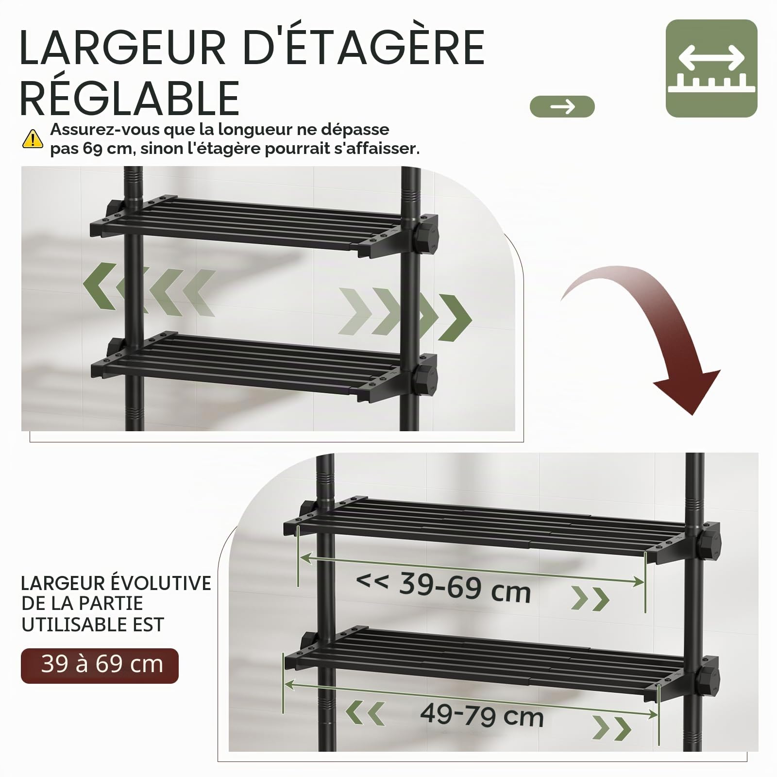 Yeabett Unit de Rangement au-dessus des Toilettes, Hauteur 163–315 cm, Largeur 39–69 cm, Meuble au-dessus de la Machine à Laver, Organisateur Polyvalent pour Salle de Bain, Cuisine, Salon, Buanderie