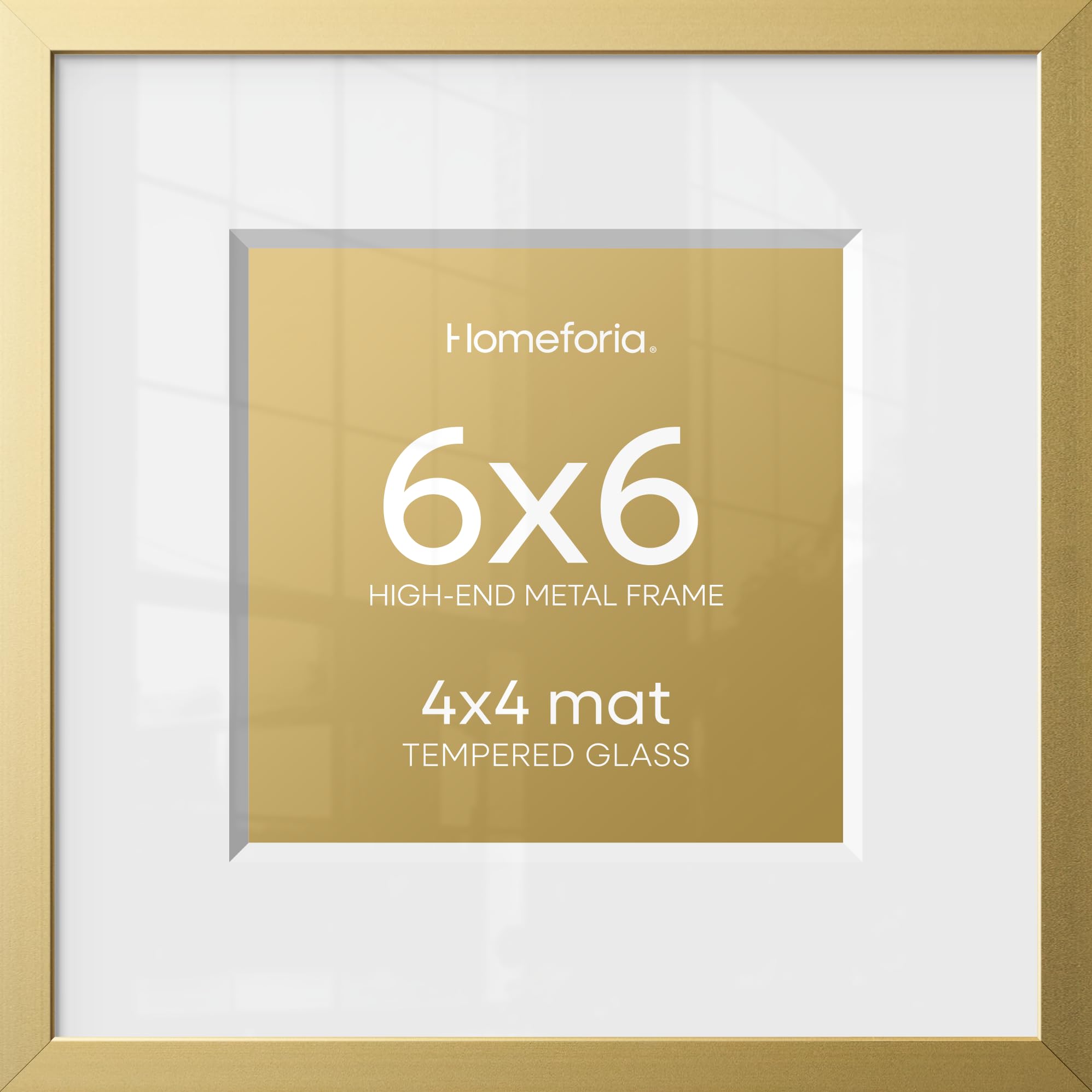 Homeforia 6x6 Gold Picture Frame, High-End Metal, 4x4 Mat, Glass | High End Aluminum, Tempered Glass, Acid-Free 4x4 Removable Mat, 6x6 in Edge-to-Edge Display 6x6, Wall Kit, Set Of 2