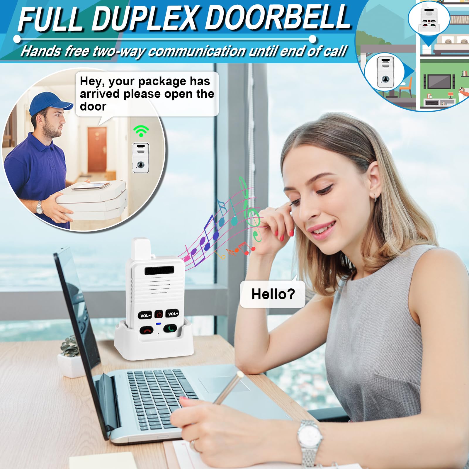 Kabelloses Türklingelsystem und Vollduplex-Gegensprechanlage, freihändig, wasserdichte Türklingel für Zuhause/Büro, 305 m Reichweite, 8 Lautstärkestufen, 4 Klingeltöne, einfache Installation (2