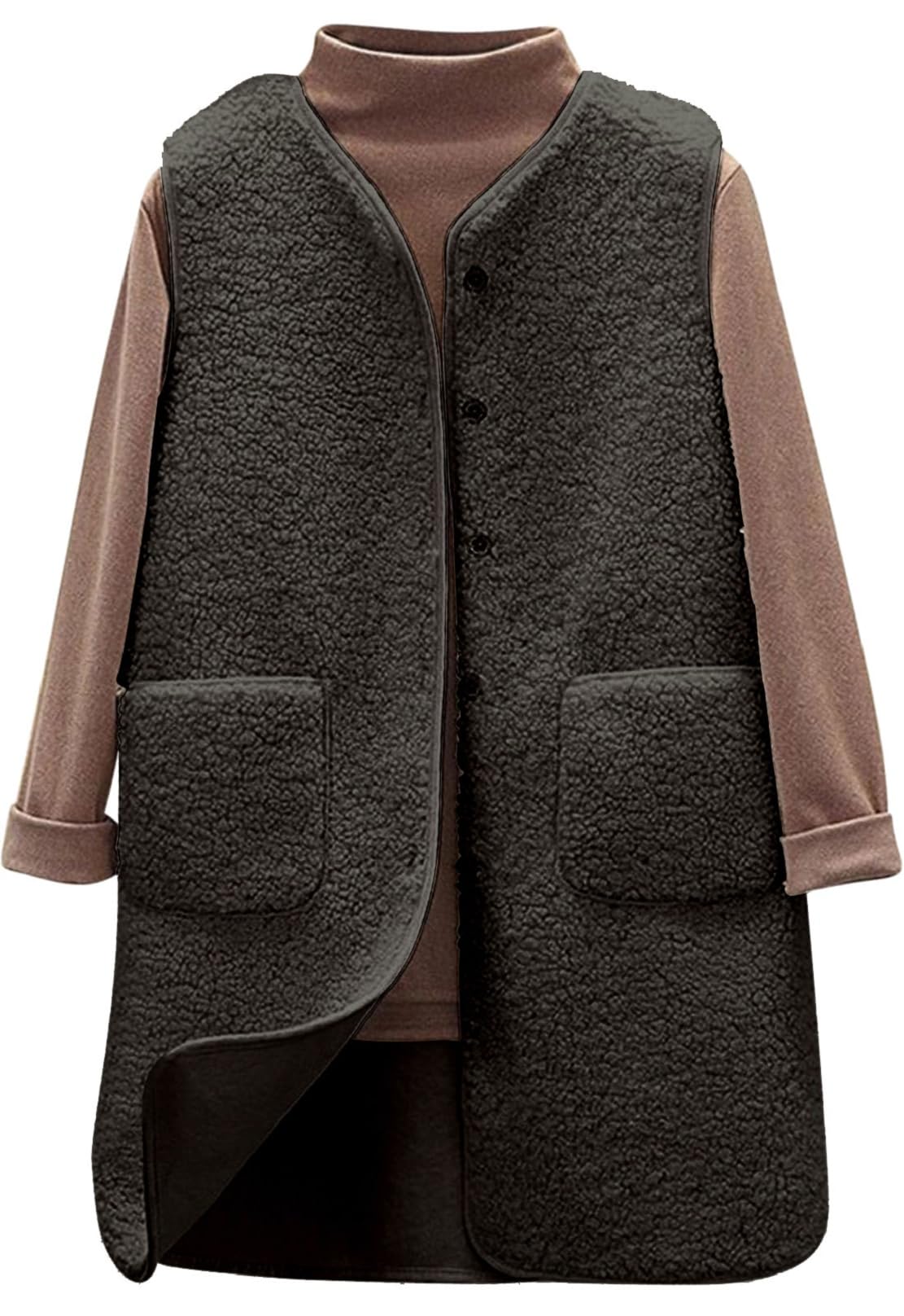Gilet Donna Invernale in Pile Gilet Elegante Pile Lungo Smanicato donna Invernale Termico con Scollo a V e Bottoni Smanicato Caldo Casual Comodi Senza Maniche Giacca Teddy con Tasche Autunno