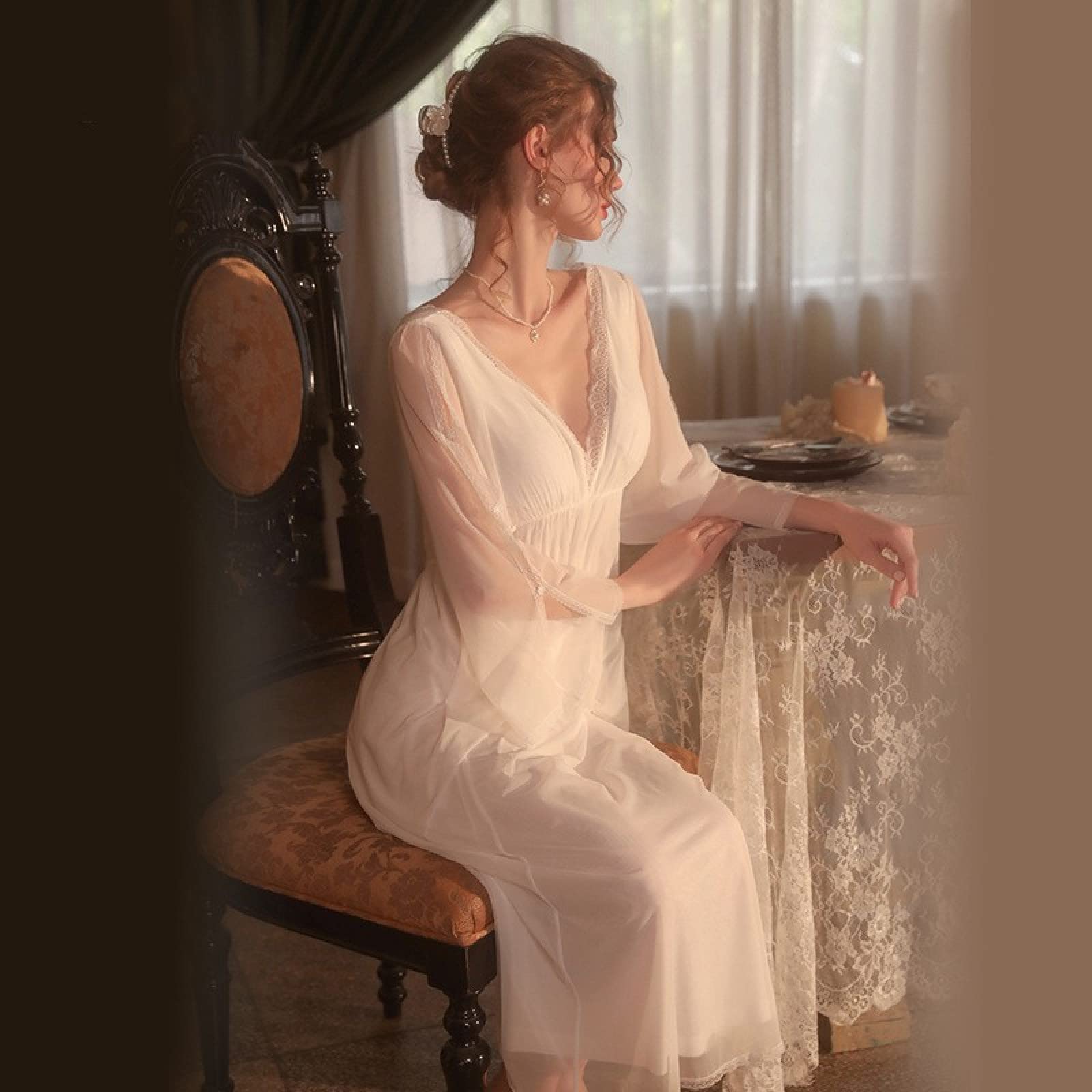 OFFSUM Camisón De Pijama De Mujer - Camisón De Malla Blanca con Escote En V para Primavera Vestido Íntimo De Encaje Dulce Camisón De Color Sólido Elegante