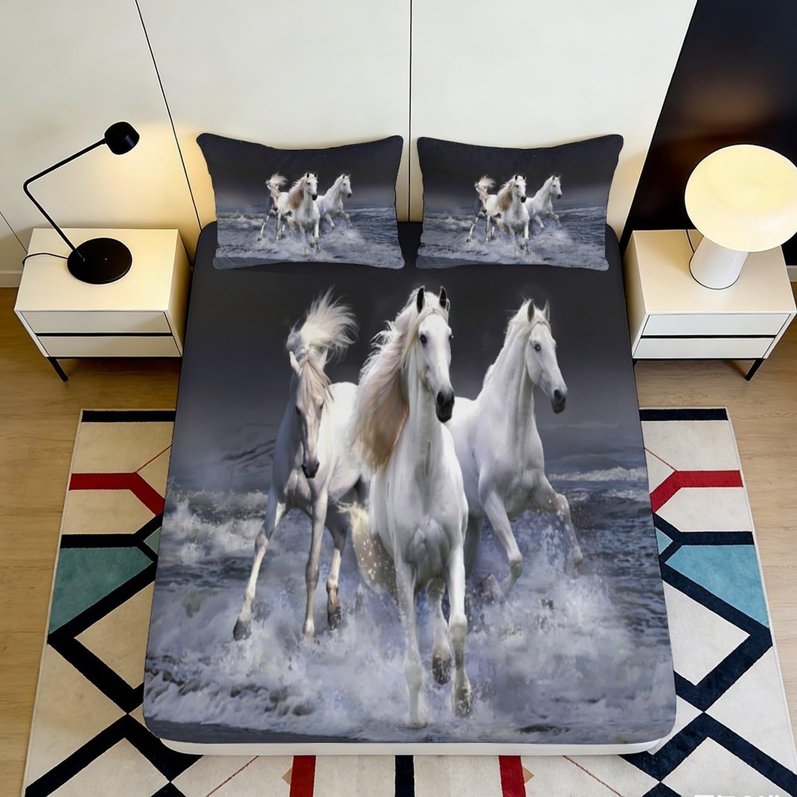 3D Printed White Running Horse Fitted Sheet Microfiber Soft Bed Cover for Bedroom Guestroom Decor Mattress Protection 90x200x25cm