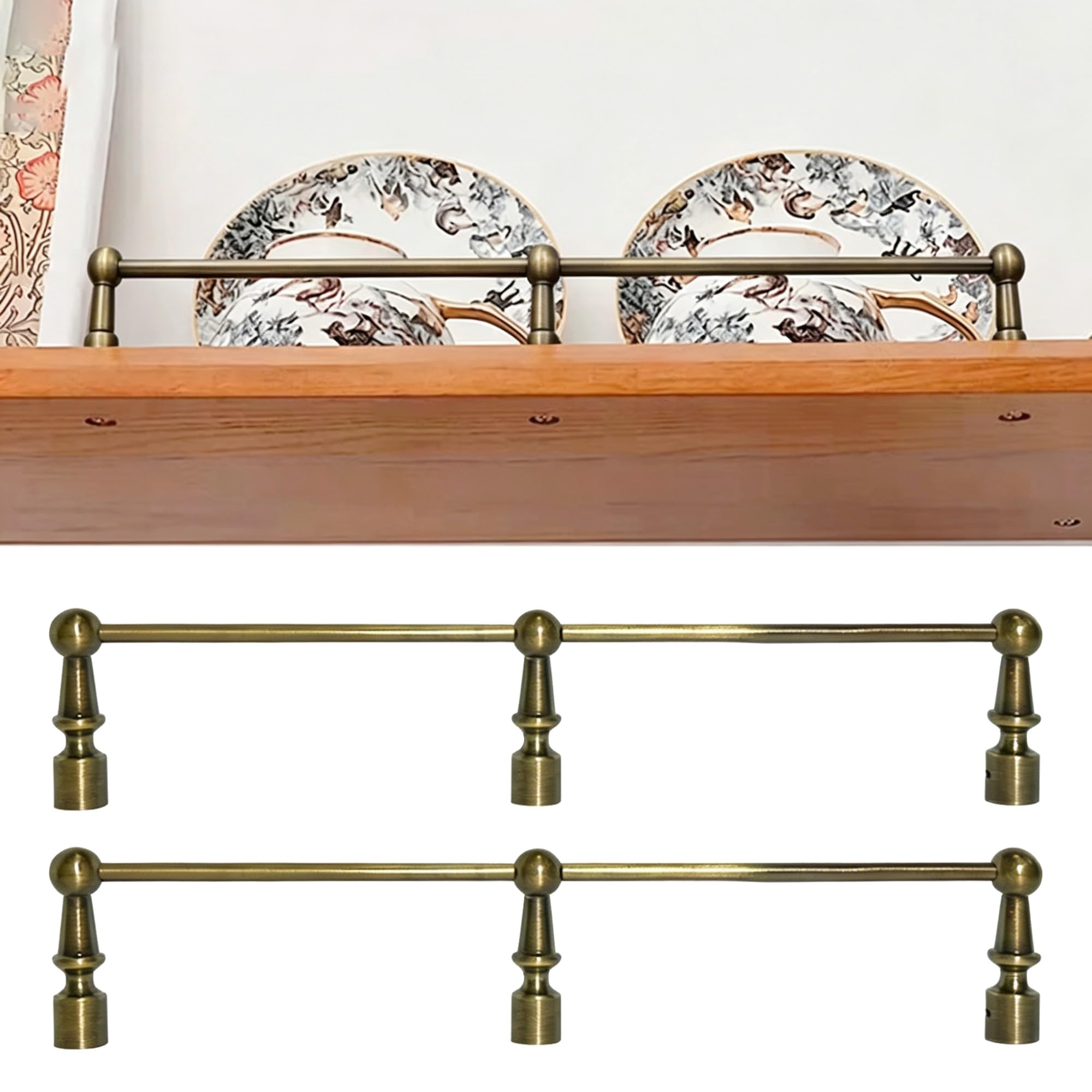 Shelf Tipping/Gallery Rail Set of 2, Brass Anti-Fall Shelf Rail Magazine Rack/Bookcase/Cupboard, Cabinet Item Anti-Drop Guardrail Bar Complete Kit(Antique Brass,Long 30in/76cm)