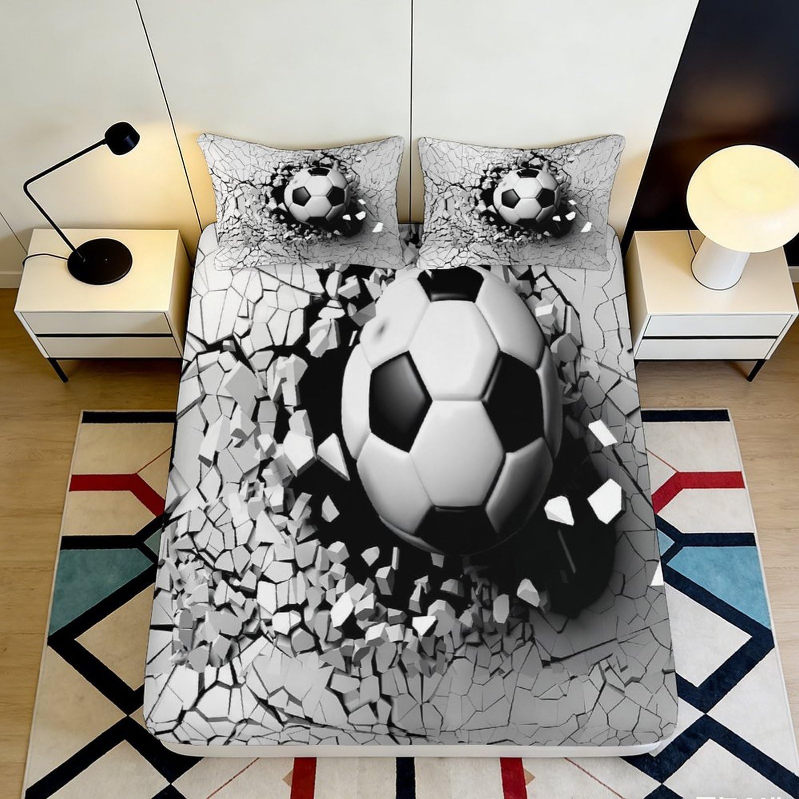 3D Printed Football Stadium Fitted Sheet Microfiber Soft Black White Soccer Ball Bed Cover for Bedroom Decor 90x200x25cm