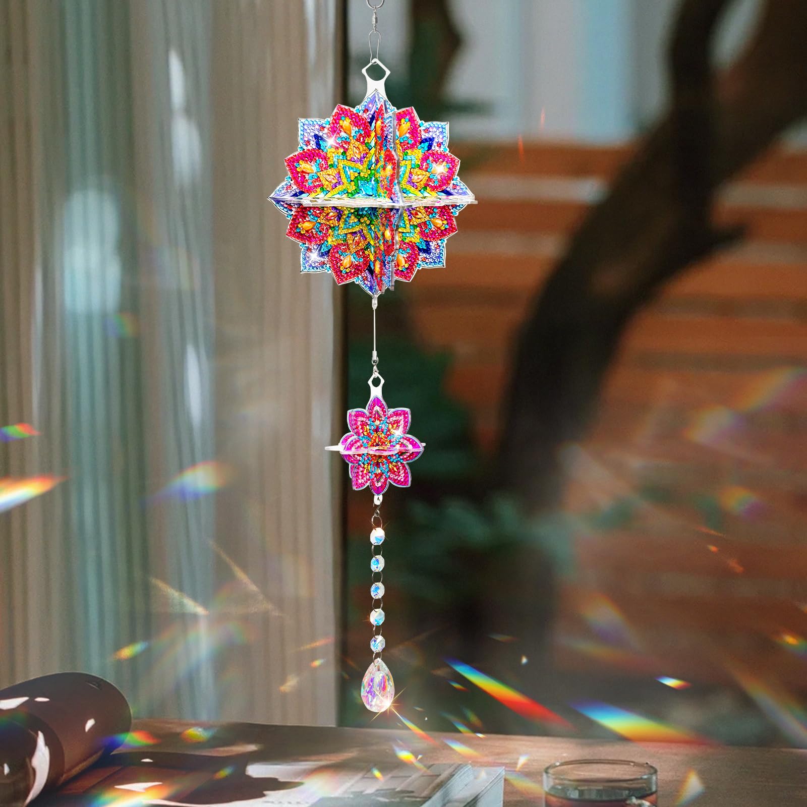Mandala DIY akrylowe malowanie diamentowe dzwonki wietrzne z kryształowym wisiorkiem do ogrodu i domu