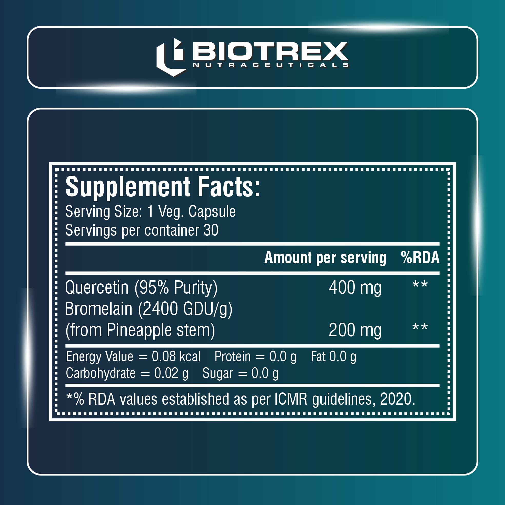 Biotrex Nutraceuticals Quercetin with Bromelain 600mg Better Respiratory Health | Antioxidant | Fights Allergies | Immunity & Cardiovascular Health - 30 Veg Capsules