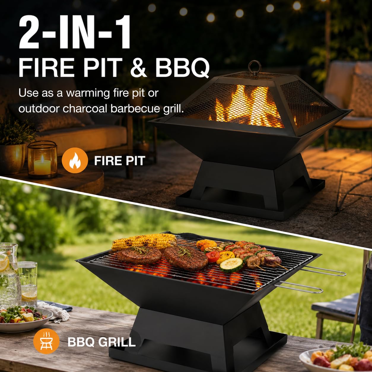 Garden Mile® - Grande braciere in metallo verniciato a polvere, colore nero, barbecue da esterno, braciere/stufa da giardino, quadrato