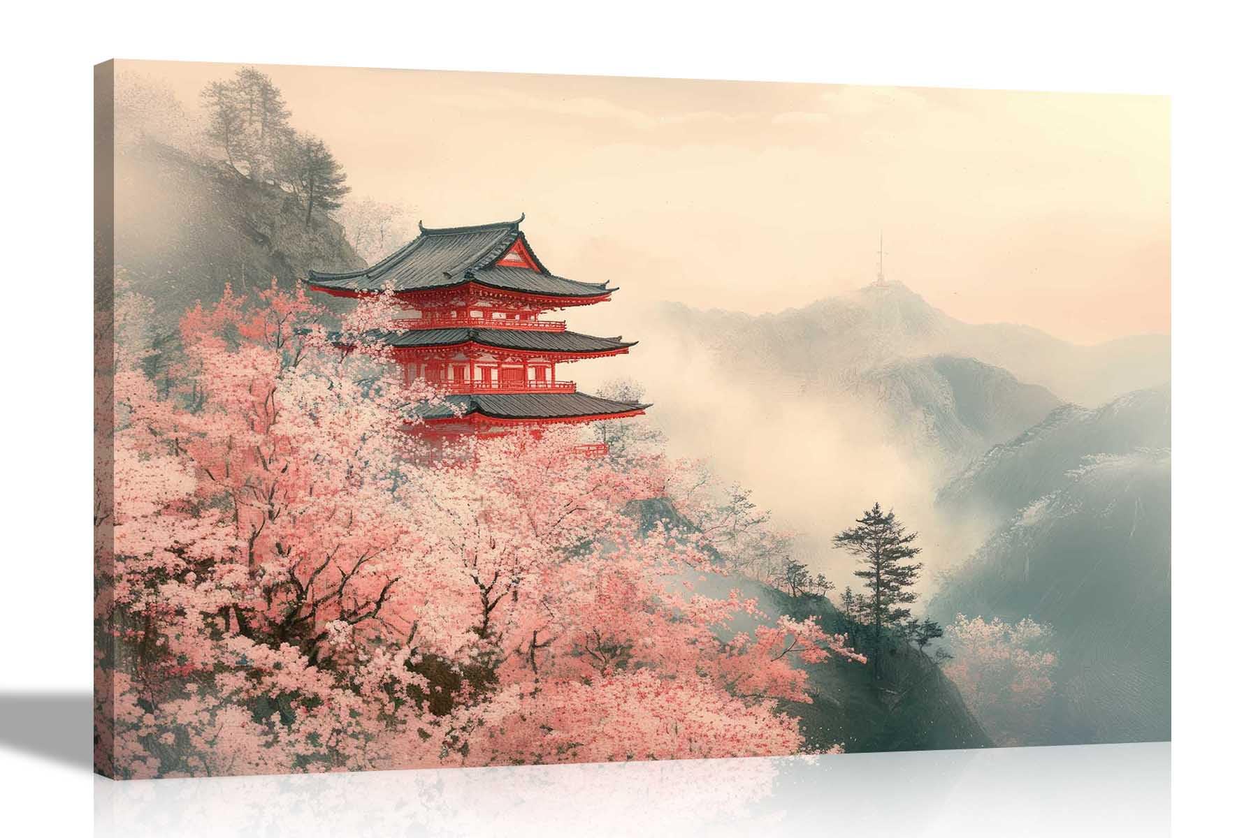 Artley Prints Temple Cherry Tree Mountain - Japanese Temple Misty Mountain Pink Trees Canvas Wall Art Prints Landscape Pictures For Living Room Home Decor 30 X 20Cm (12 X 8 Inches) A4