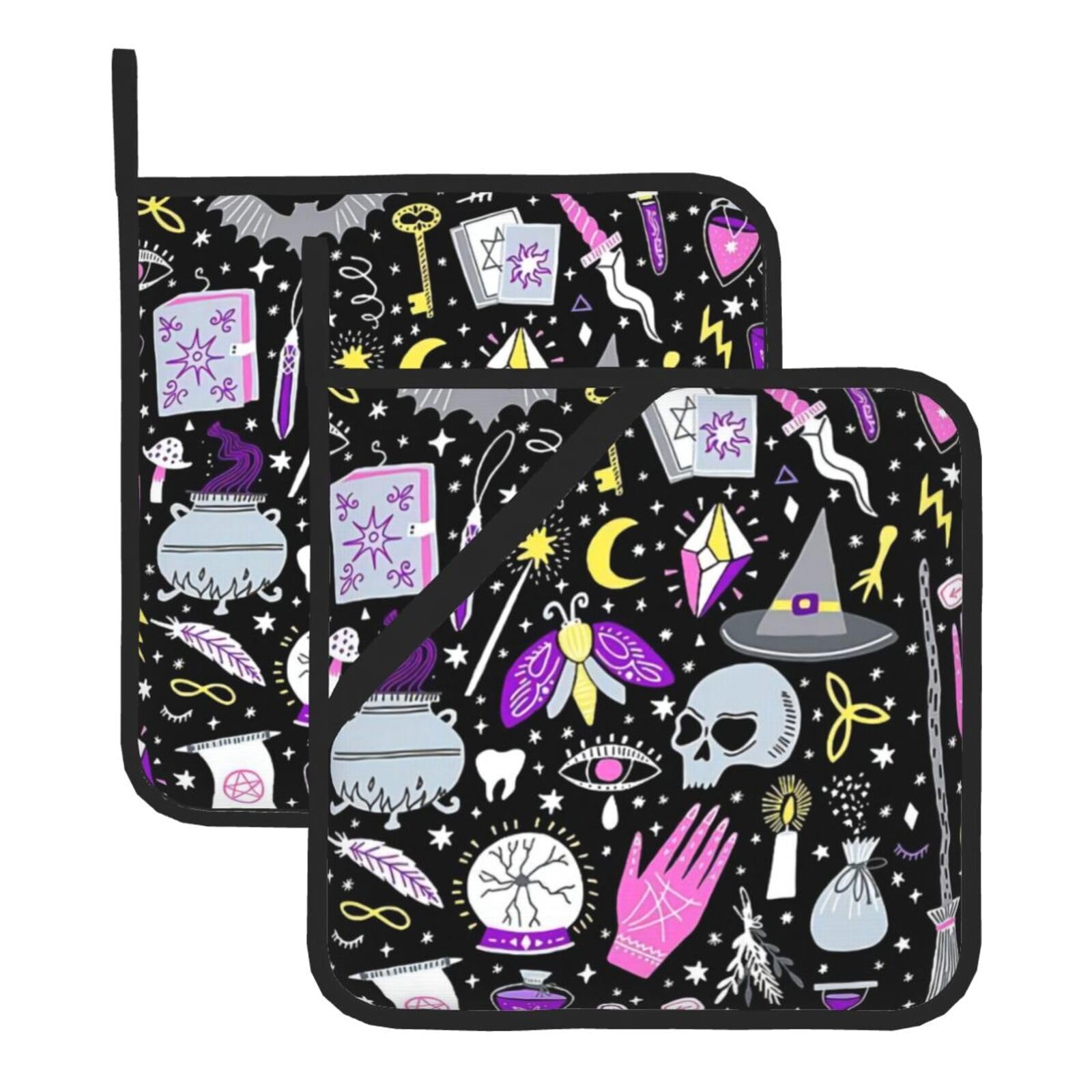 YYHHAOFA Magic Witch Witchcraft Bohemian Drawing Prints Square Hot Pot Pads - Waterproof Kitchen Throw Layers for Countertop, Oven & Grill - Durable Heat Resistant Pads with Hanging Loop (2-Pack)