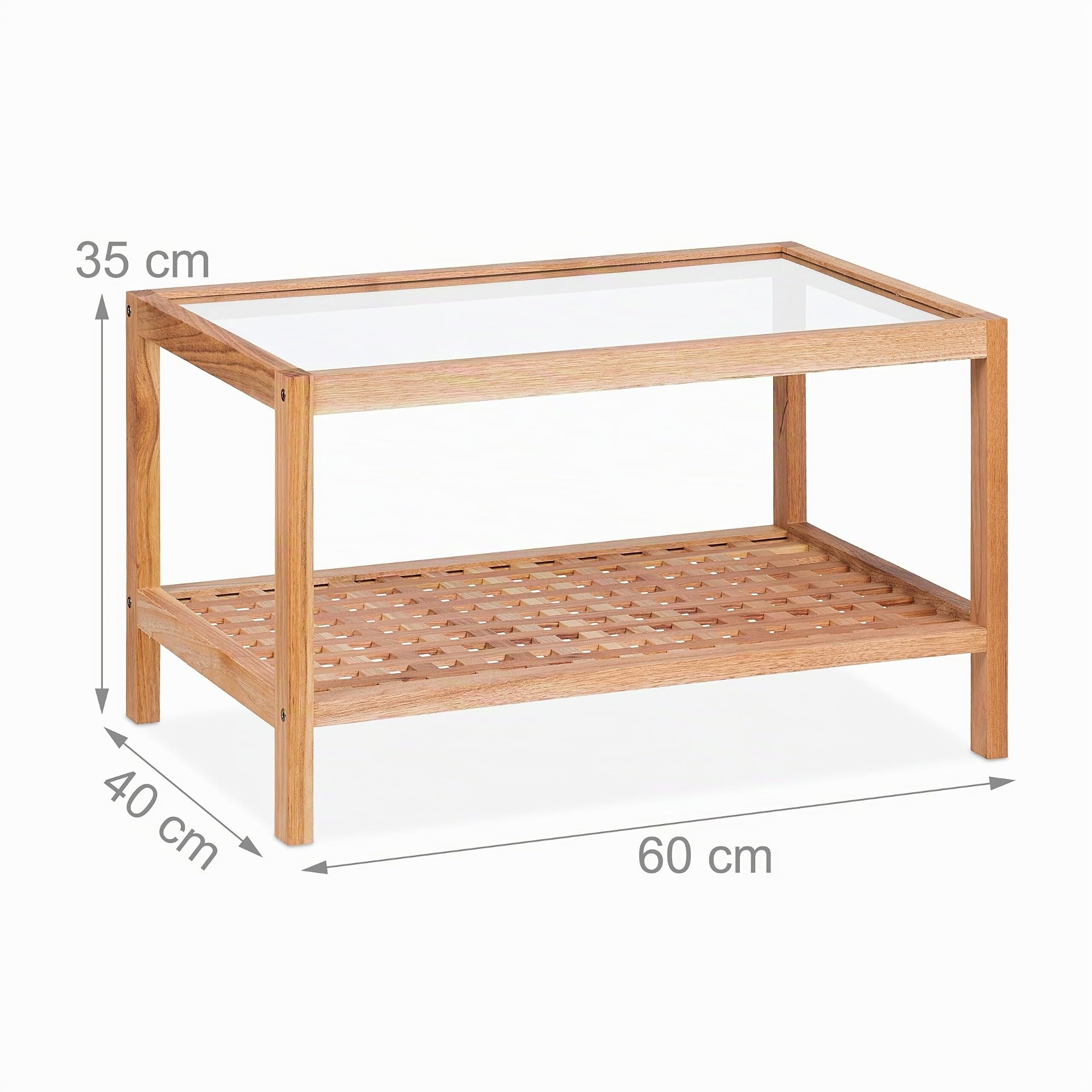 Relaxdays Tavolino da Salotto in Legno, 35 x 60 x 40 cm, Ripiano in Vetro, 2 Mensole, Tavolo Basso da Divano, Naturale