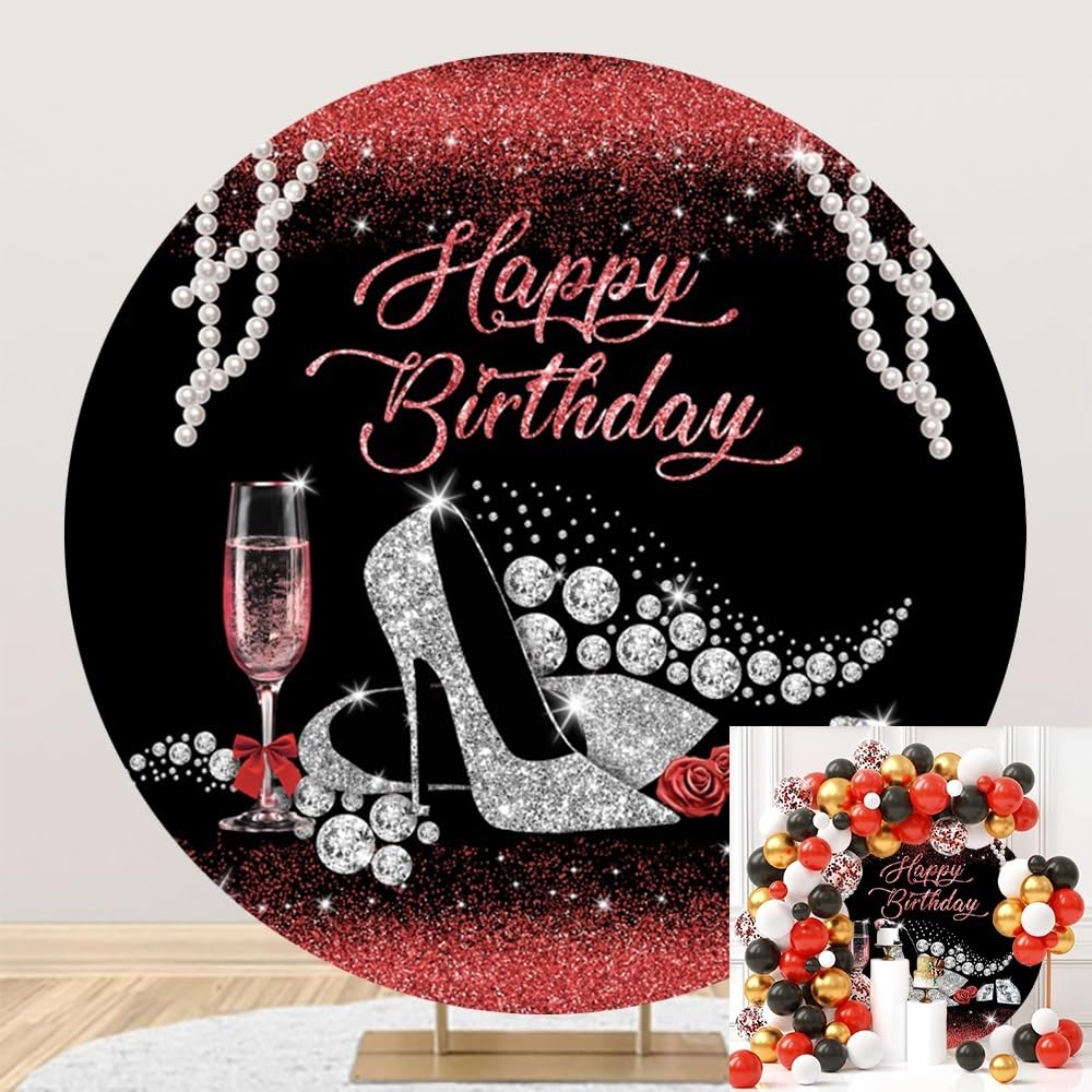 Leyiyi 7.2x7.2ft Glitter Red Black Happy Birthday Round Backdrop Cover for Women Birthday Party Shiny Silver High Heels Champagne Bling Pearl Diamond