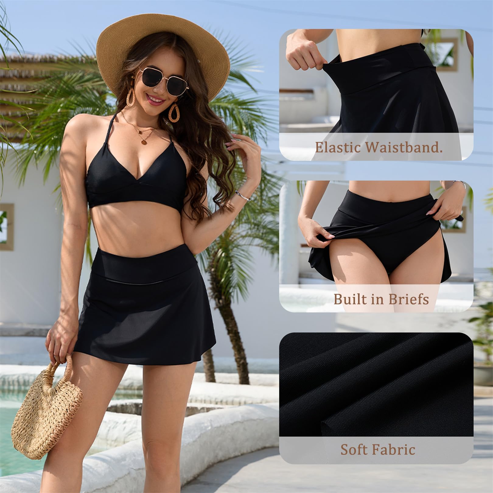 Jupe de Bain Femme Taille Haute SéChage Rapide Short de Bain Femme avec Doublure pour Menstruel Maillot de Bain Femme Bas Plage Sport