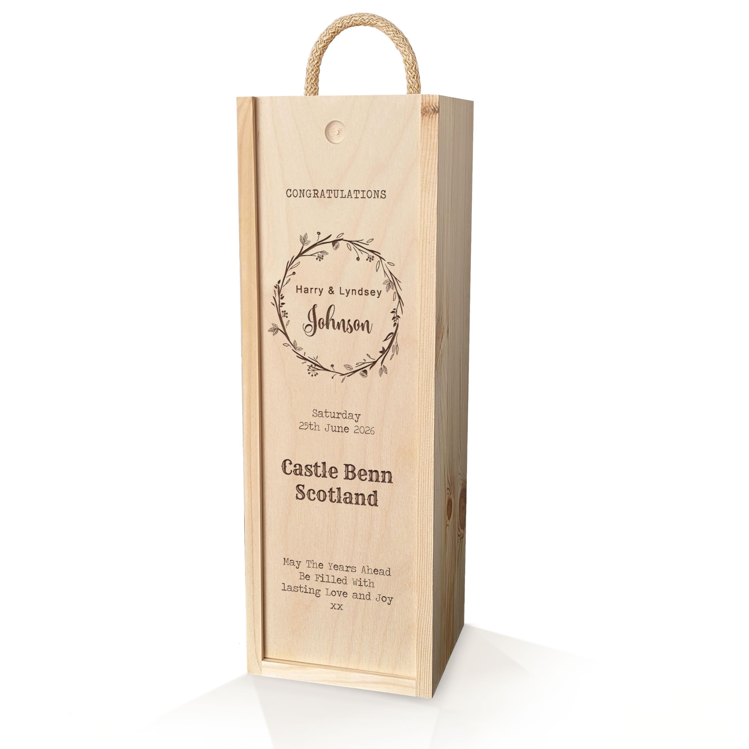 Personalised Wooden Wine Gift Box for Wedding, Anniversary, Special Occasion. Wedding Wreath Design. Lined with Woodwool