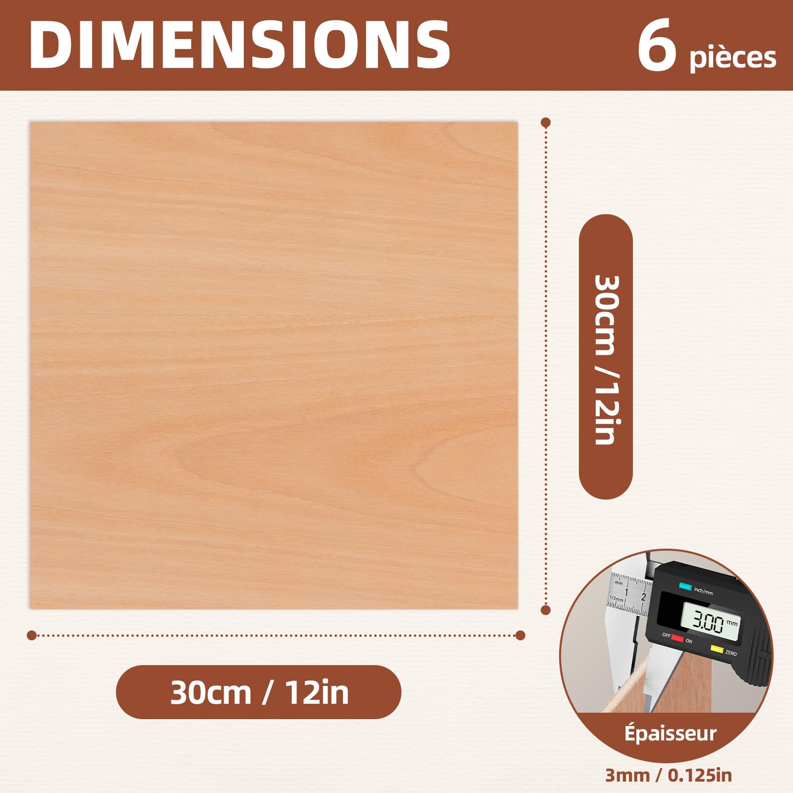 ROBOTIME Legno compensato di ciliegio, 3 mm, confezione da 6, 300 x 300 mm, tavola in legno grezzo di betulla, pannello foglio, taglio pirografia Gavure Laser legno