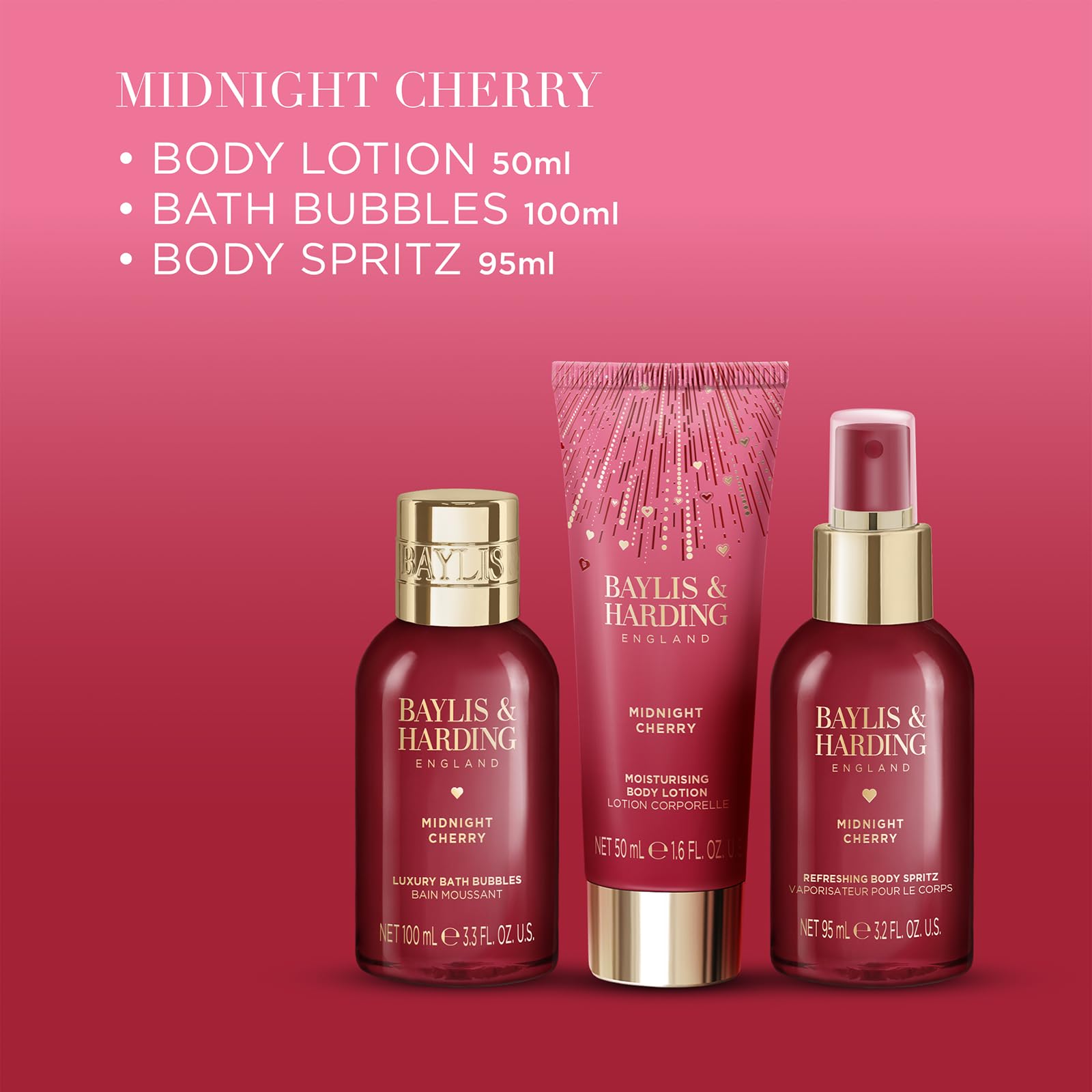 Baylis & Harding Midnight Cherry Gift Wrapped Pamper Trio Gift Set - Vegan Friendly, 245ml - Image 3