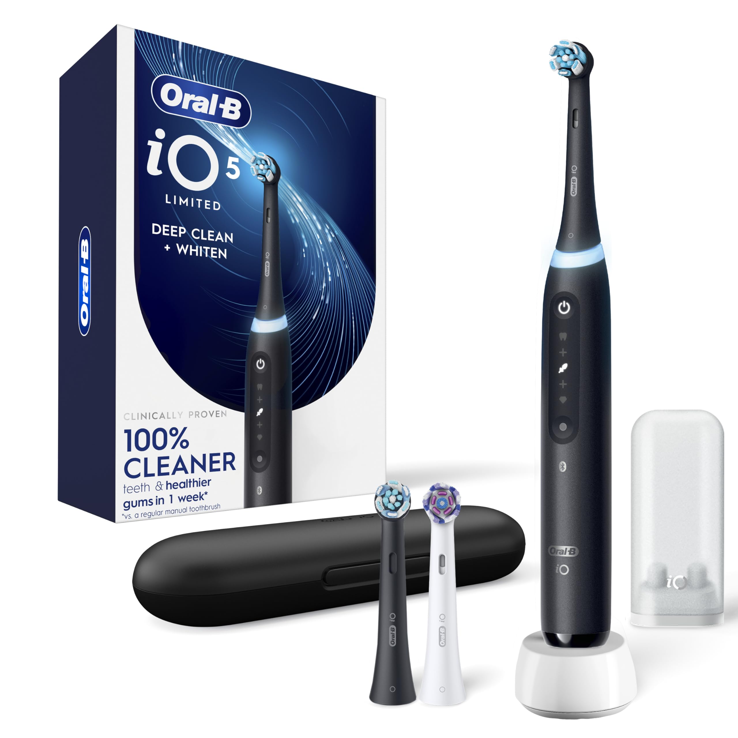 Oral-B Rechargeable Electric Toothbrush, iO5 Limited Deep Clean & Whiten, 5 Cleaning Modes, Visual Pressure Sensor to Protect Gums, Travel Case, 3 Brush Heads, Black (Pack of 3) Black 1 Count (Pack of 3)