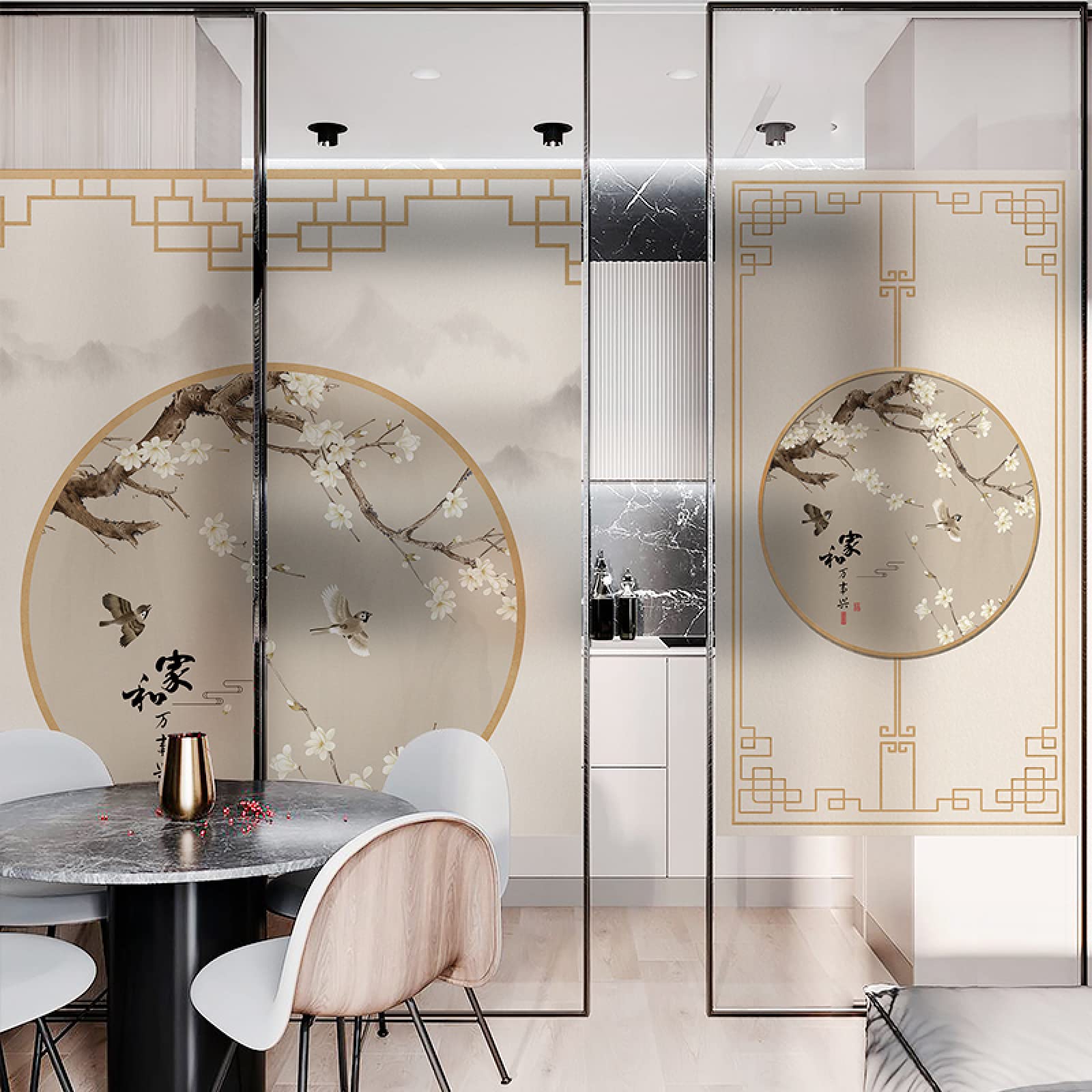 Window Film Privacy, 3D Privacy Window Film, Frosted Cling Films, Chinese style plum blossom Static Cling, No Glue Self Adhesive Glass Stickers for Bathroom Shower Door Heat Cotrol Anti UV 45 x 200 cm