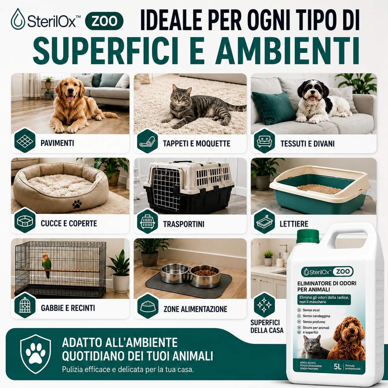 ZOO 1L – Eliminatore odori HOCl per cani, gatti e cucce | Neutralizza gli odori • HOCl • Per cani e gatti • Senza alcool
