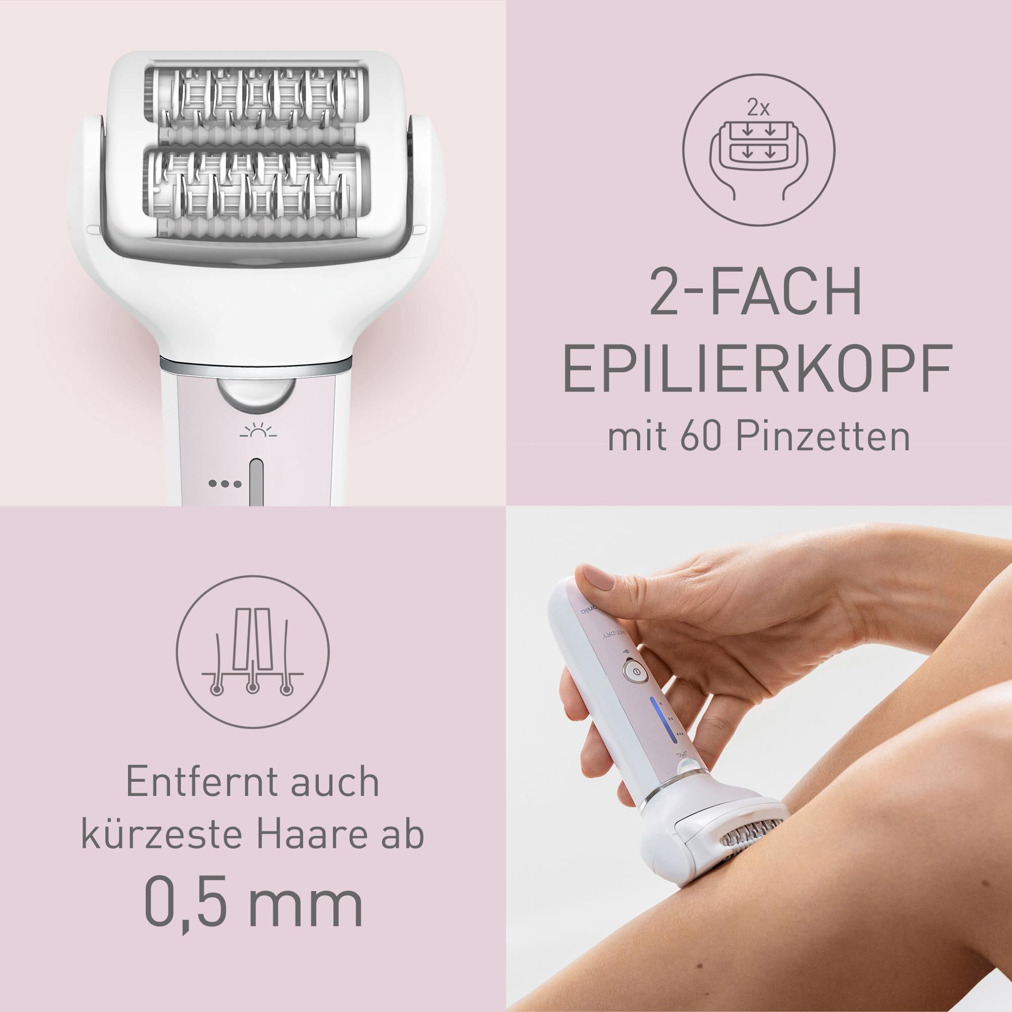 Panasonic ES-EYL9-P503 Kabelloser Nass-/Trocken-Epilierer für Damen, 3 Geschwindigkeiten, Weiß/Hellviolett