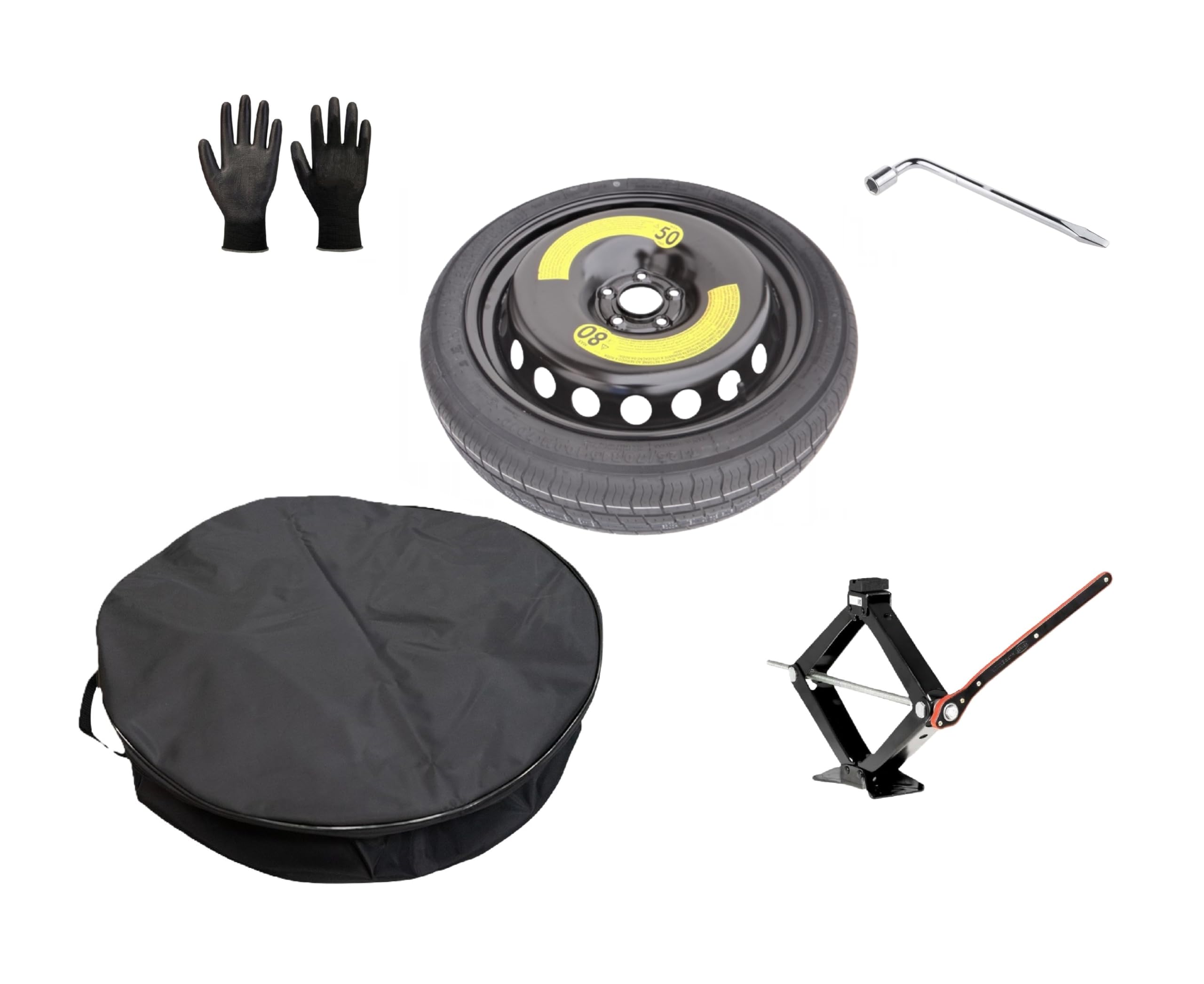 Kit de rueda de repuesto de 17 pulgadas, compatible con Ebro S400 con gato, llave, guantes y bolsa, 125/80R17
