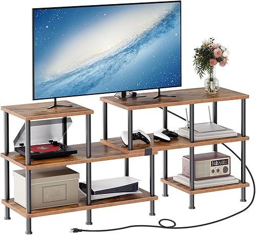 Miniatura 8 de HOOBRO Soporte de TV, soporte de TV deformable con tomas de corriente de hasta 75 pulgadas, moderno centro de entretenimiento con estantes de
