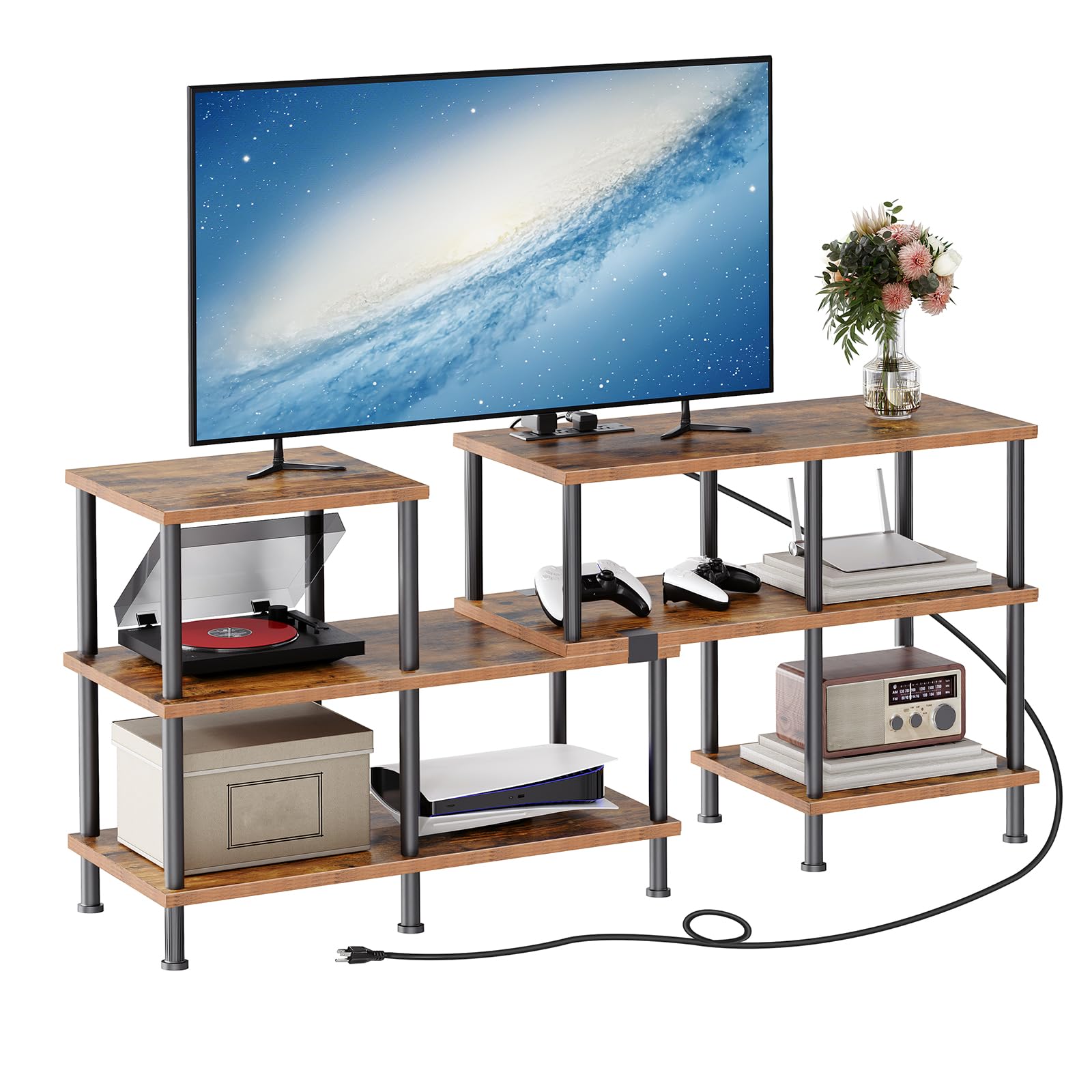 HOOBRO TV Stand with Power Outlets to 75 Inches, Deformable TV Stand with Storage Shelves, Modern Entertainment Center Media Console Table for Living Room, Bedroom, Rustic Brown and Black BF15UDS01