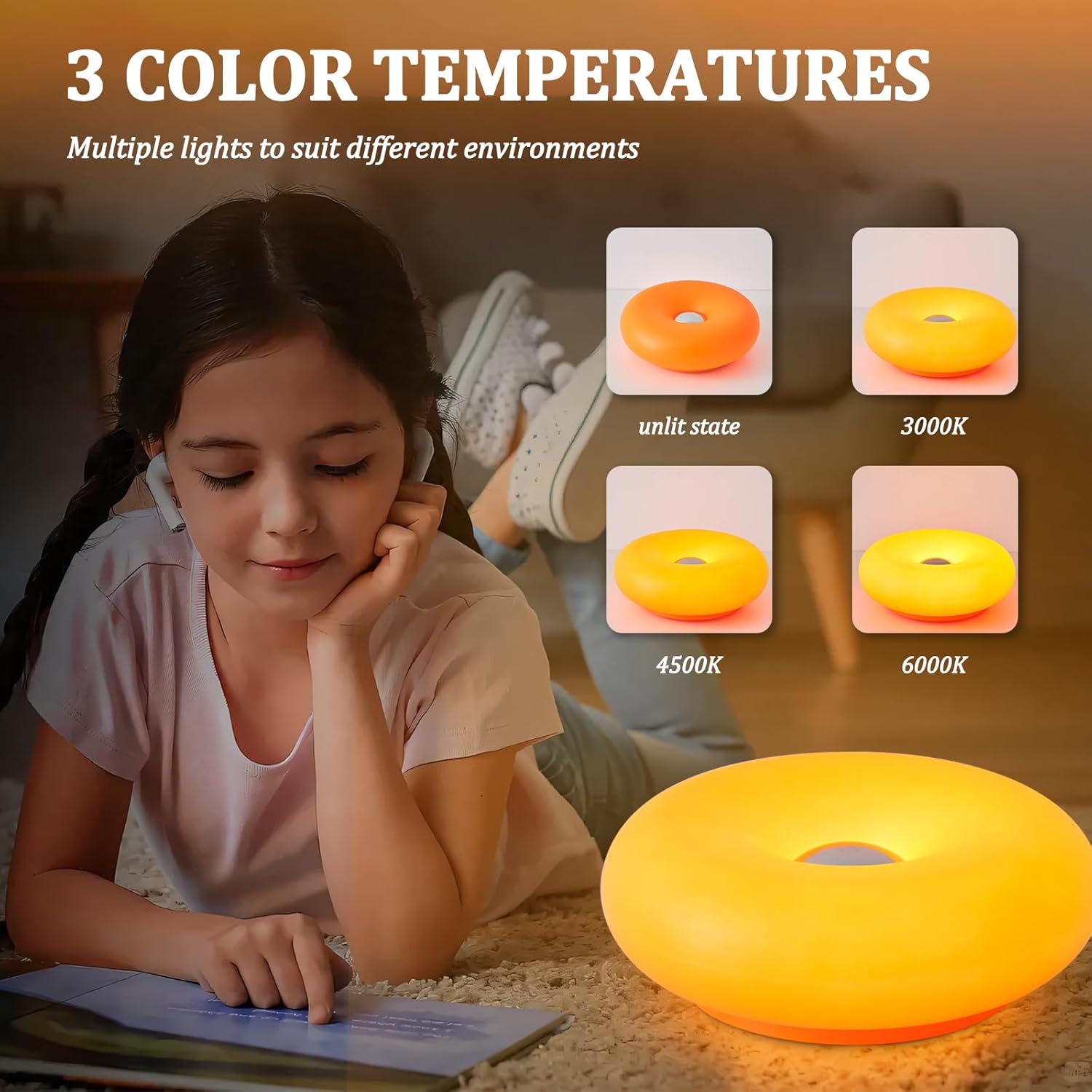 Donut Table Lamp,Creative Orange Donut Atmosphere Lamps with Plastic Shade,Retro-Modern Table Light,3-Color Dimmable Nightstand Lamp for Bedroom and Desk, Aesthetic Home Decor & Gifts (Orange)