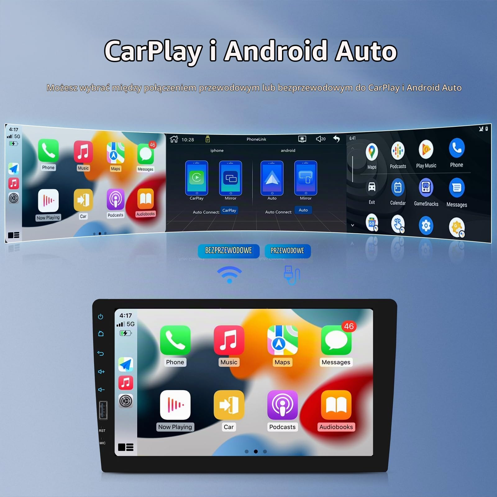 SIXWIN Radio samochodowe 1 DIN Carplay 9-calowy ekran dotykowy odtwarzacz kompatybilny z bezprzewodowym odtwarzaczem CarPlay/Android Auto Bluetooth 5.0 FM RDS Radio USB AUX-in/Link do lusterka+kamera