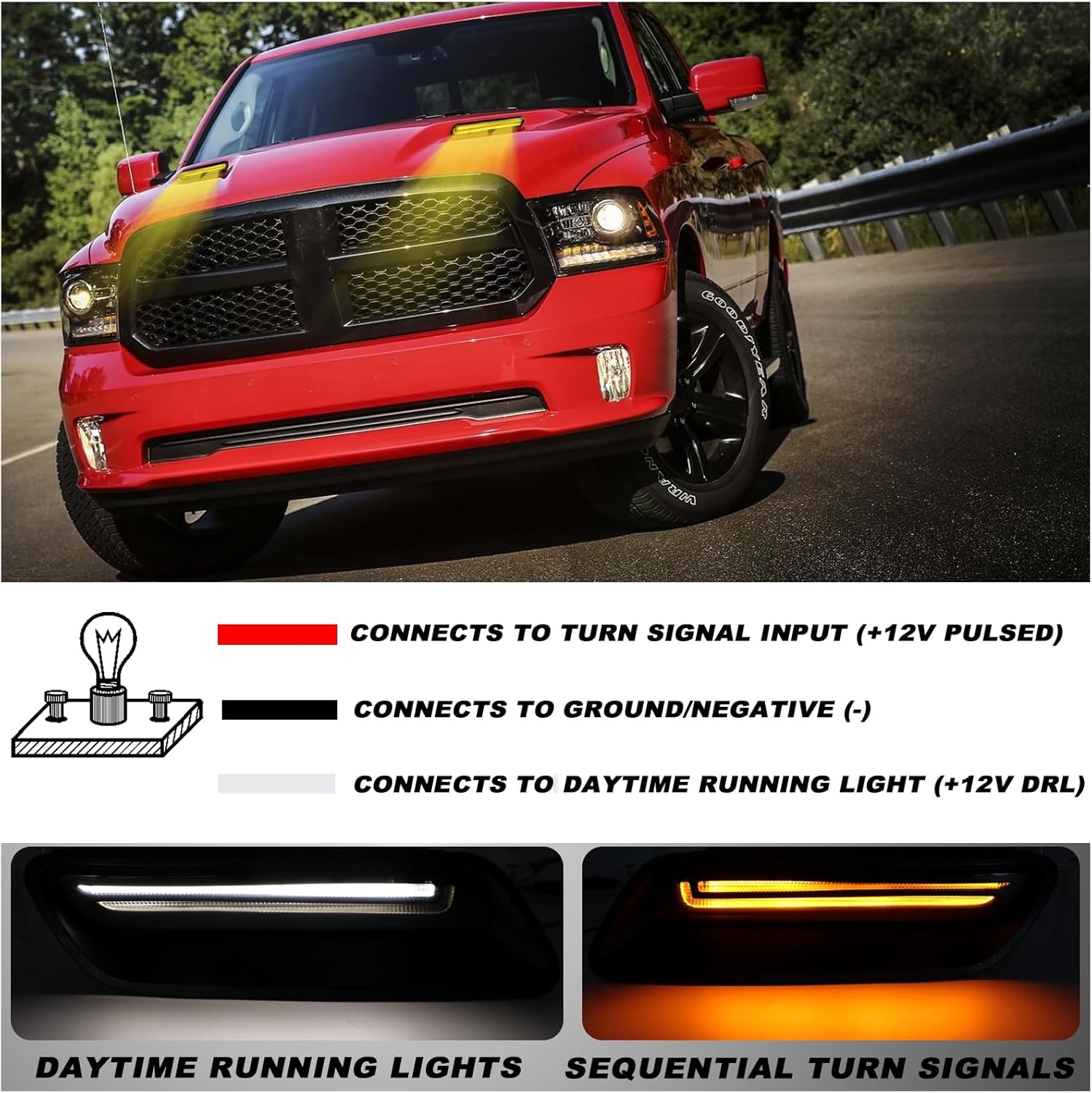 LED Hood Vent Lights for Ram 1500 (2010-2018) & Ram 1500 Classic (2019-2022) - Direct Replacement Hood Air Flow Vent Grille Lamp with White DRL & Sequential Amber Turn Signals 2-Piece Set