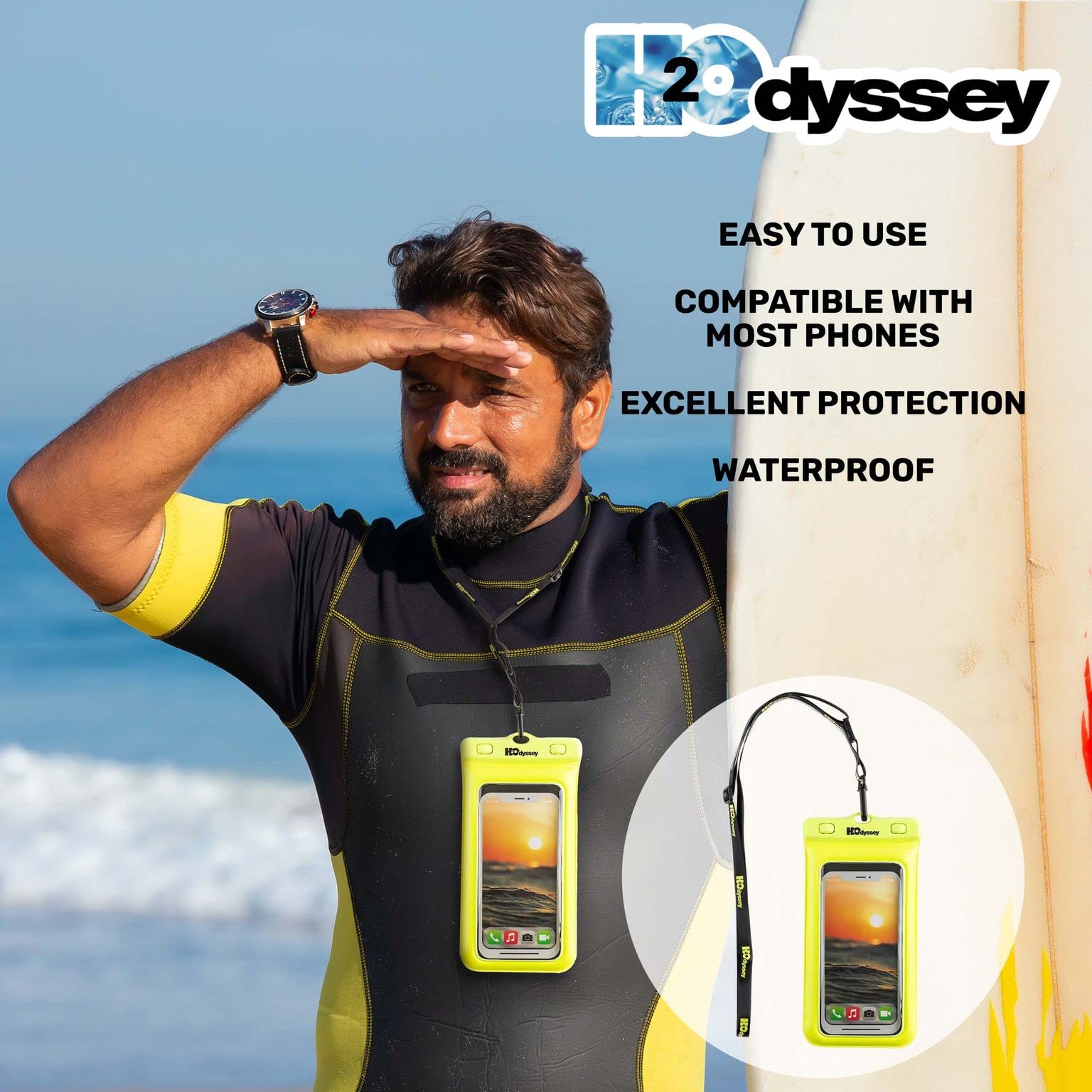 H2Odyssey Funda impermeable para teléfono y cordón, excelente protección impermeable, flota en el agua (6.5 pulgadas de alto x 3.25 pulgadas de ancho x 0.5 pulgadas de grosor, amarillo)
