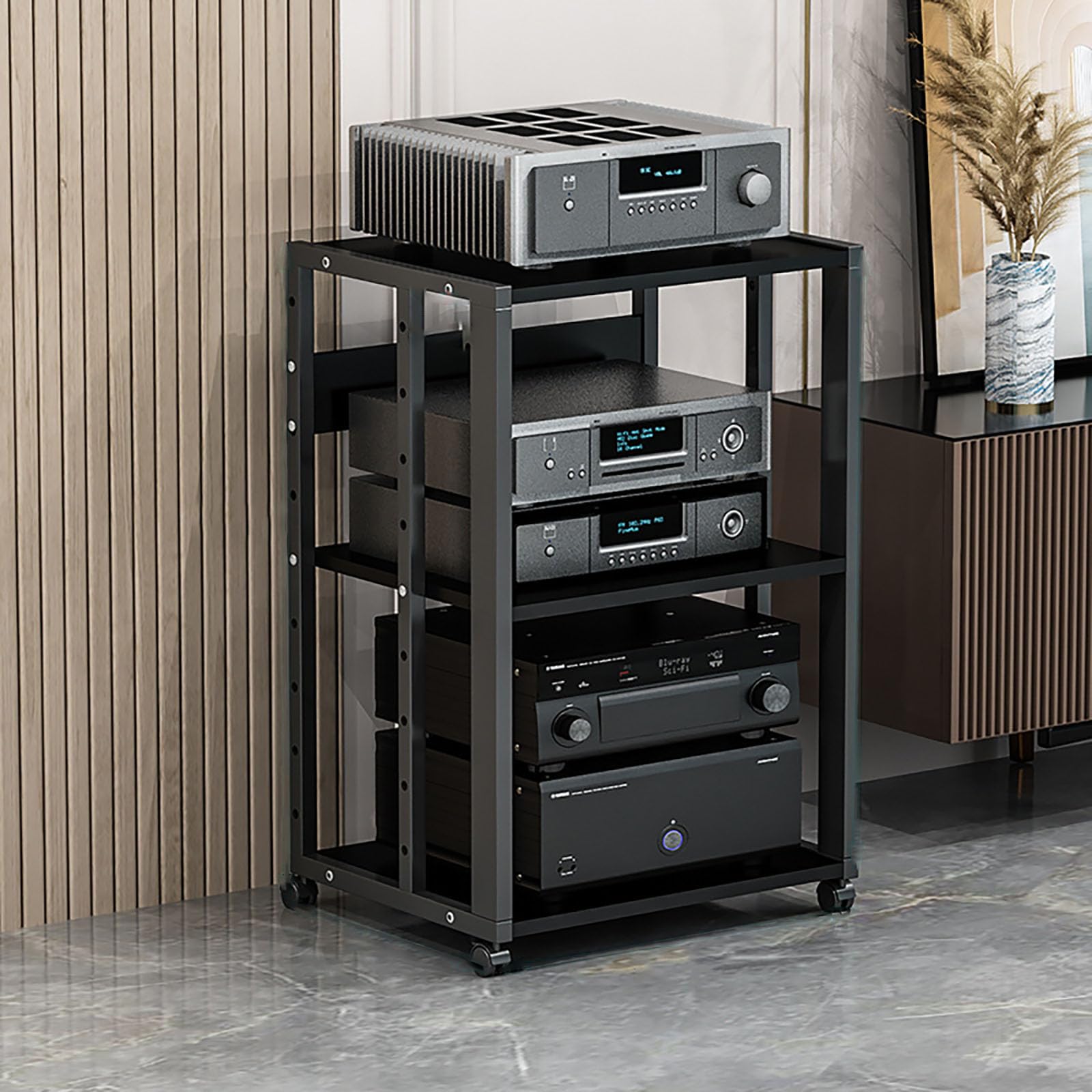 Audio Rack mit 2/3/4 Ebenen, HiFi Regal mit Rollen, Audio Schrank für Zuhause, Verstärker-Rack mit Ablagen, TV Rack HiFi Möbel, beweglicher AV Turm für Stereoanlage & Heimkino