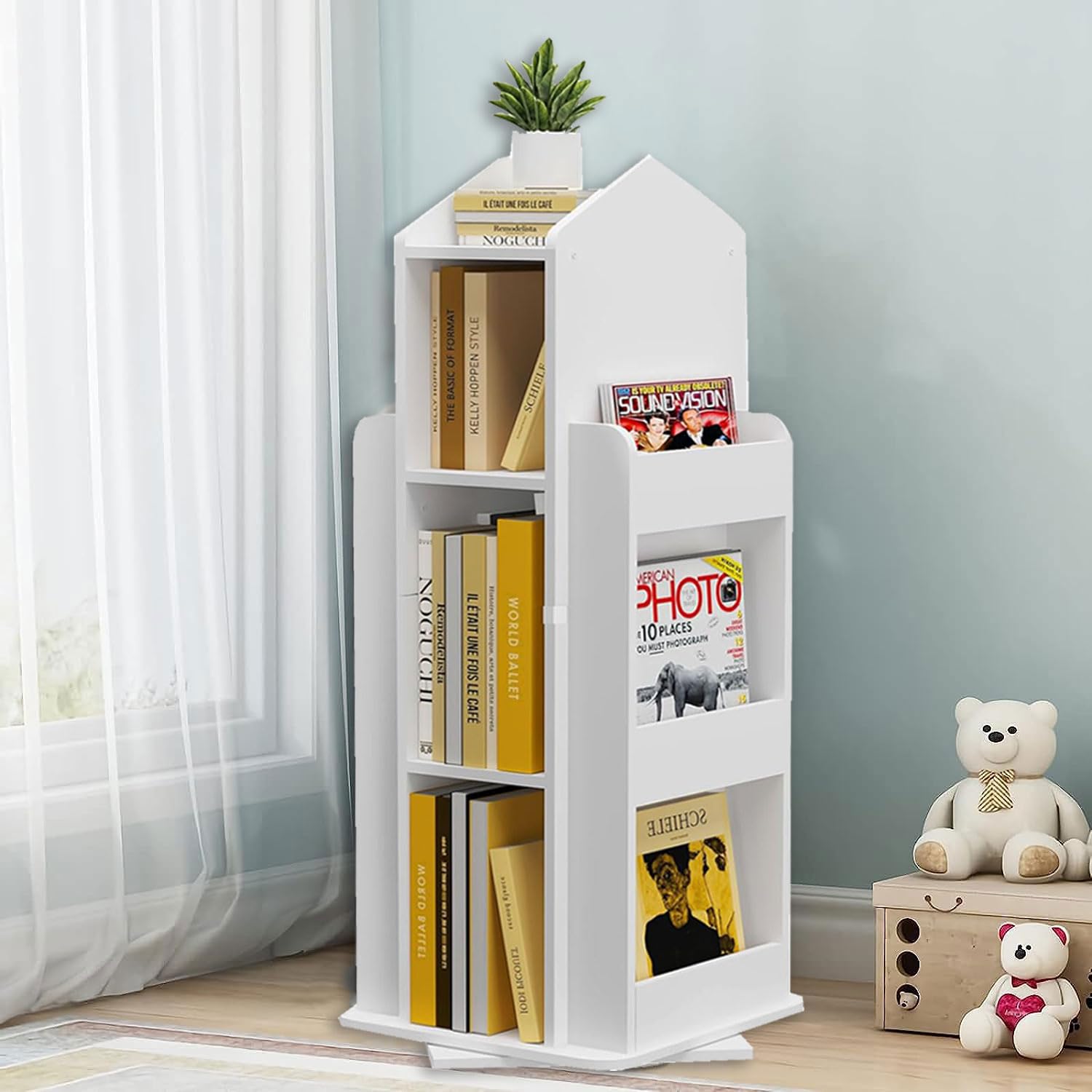 mopam 360° 5 Tier/3-Tier Rotating Bookshelf Floor Standing Revolving Bookcase Book Storage Rack Shelf Organizer for Home Office Decor (3 Tier)