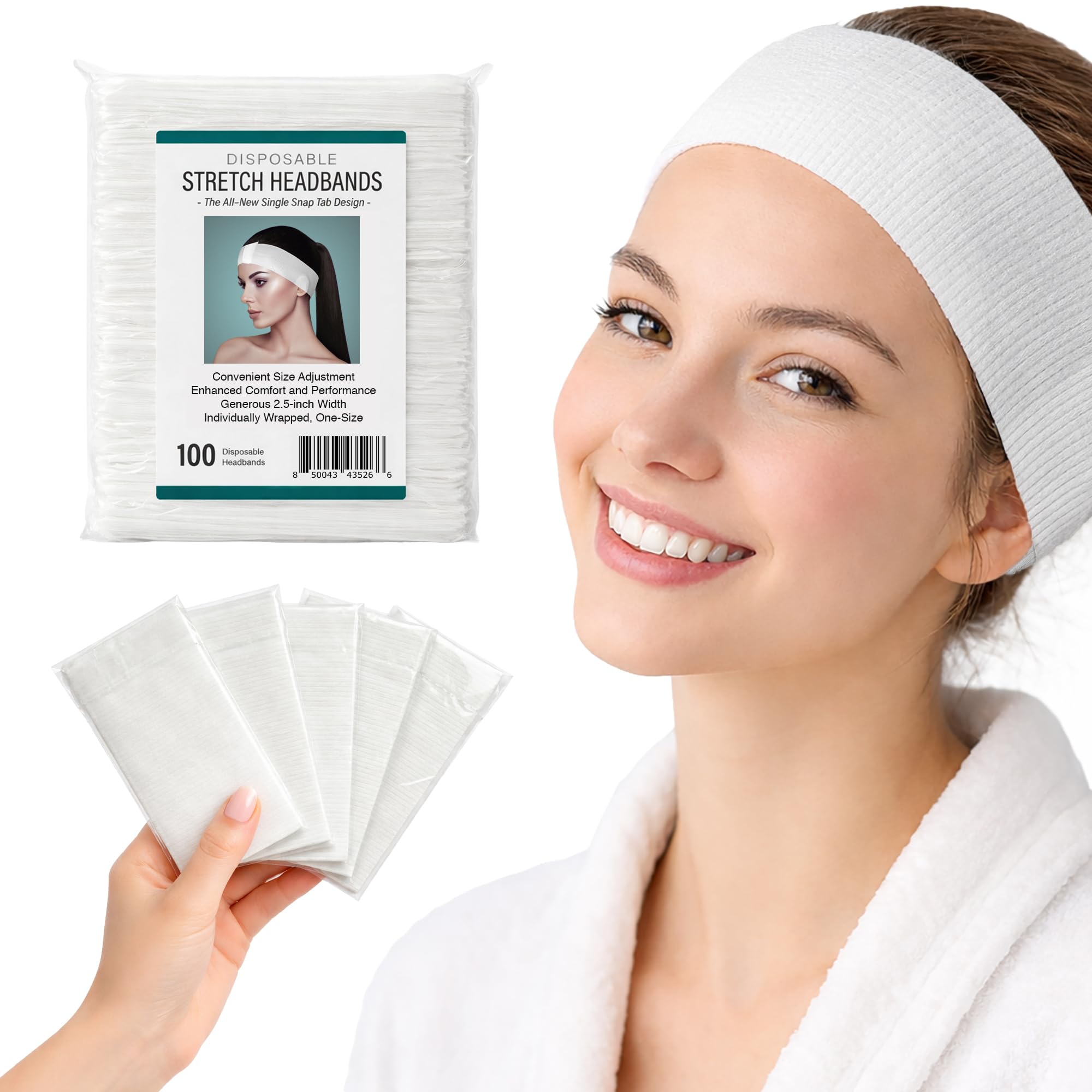 Disposable Single Snap Facial Headbands 100 Pack - Snag-Free Hair Wraps for Spa, Estheticians, Waxing and Lash Extensions - Professional Grade - White