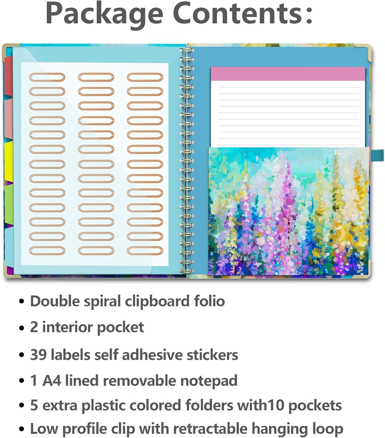 Clipboard Folio with Notepad for Letter Size (11" x 8.5"), 5 Extra Folders with Storage 10 Pockets, 39 File Folder Labels, Elastic Closure Spiral Clipboard with Storage(Purple Oil Painting)