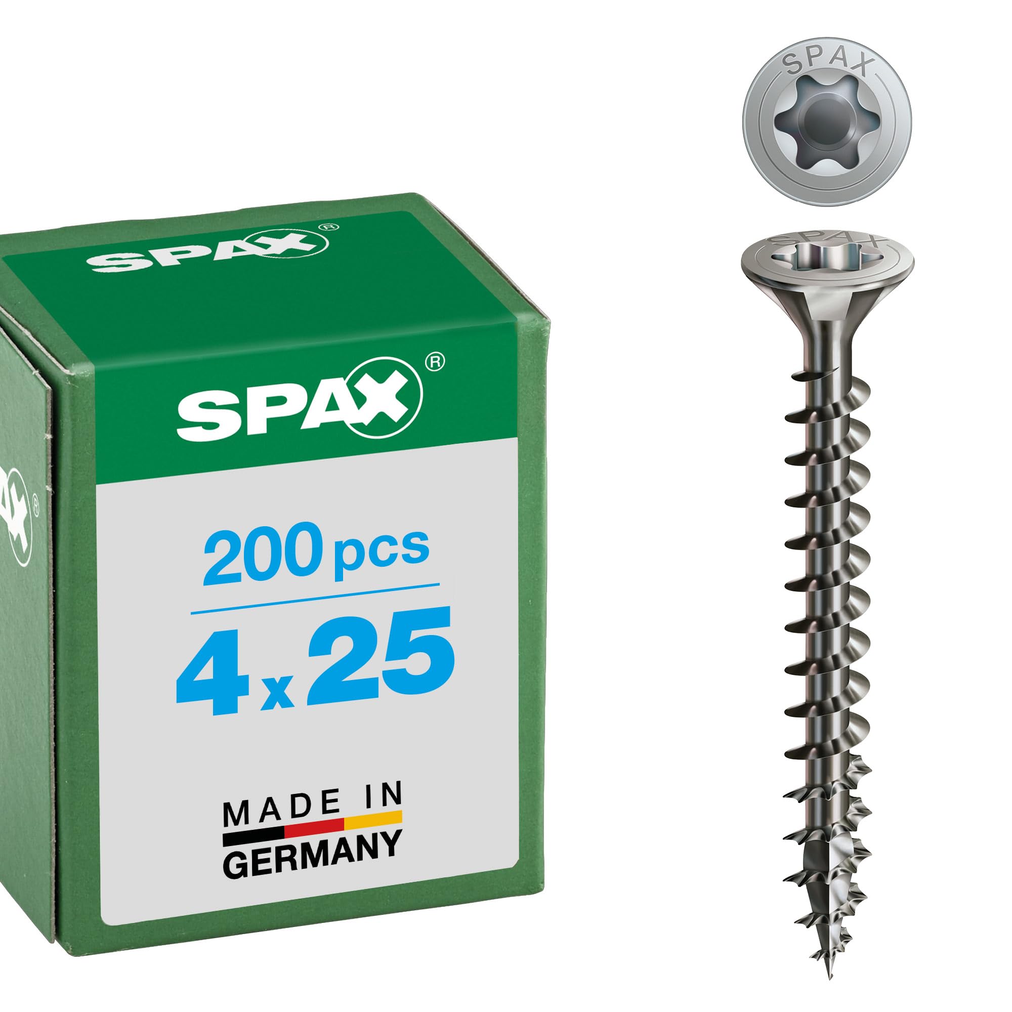 SPAX Universalschraube aus Edelstahl rostfrei A2, 4,0 x 25 mm, 200 Stück, T-STAR plus, Senkkopf, Vollgewinde, 4CUT, 1197000400253