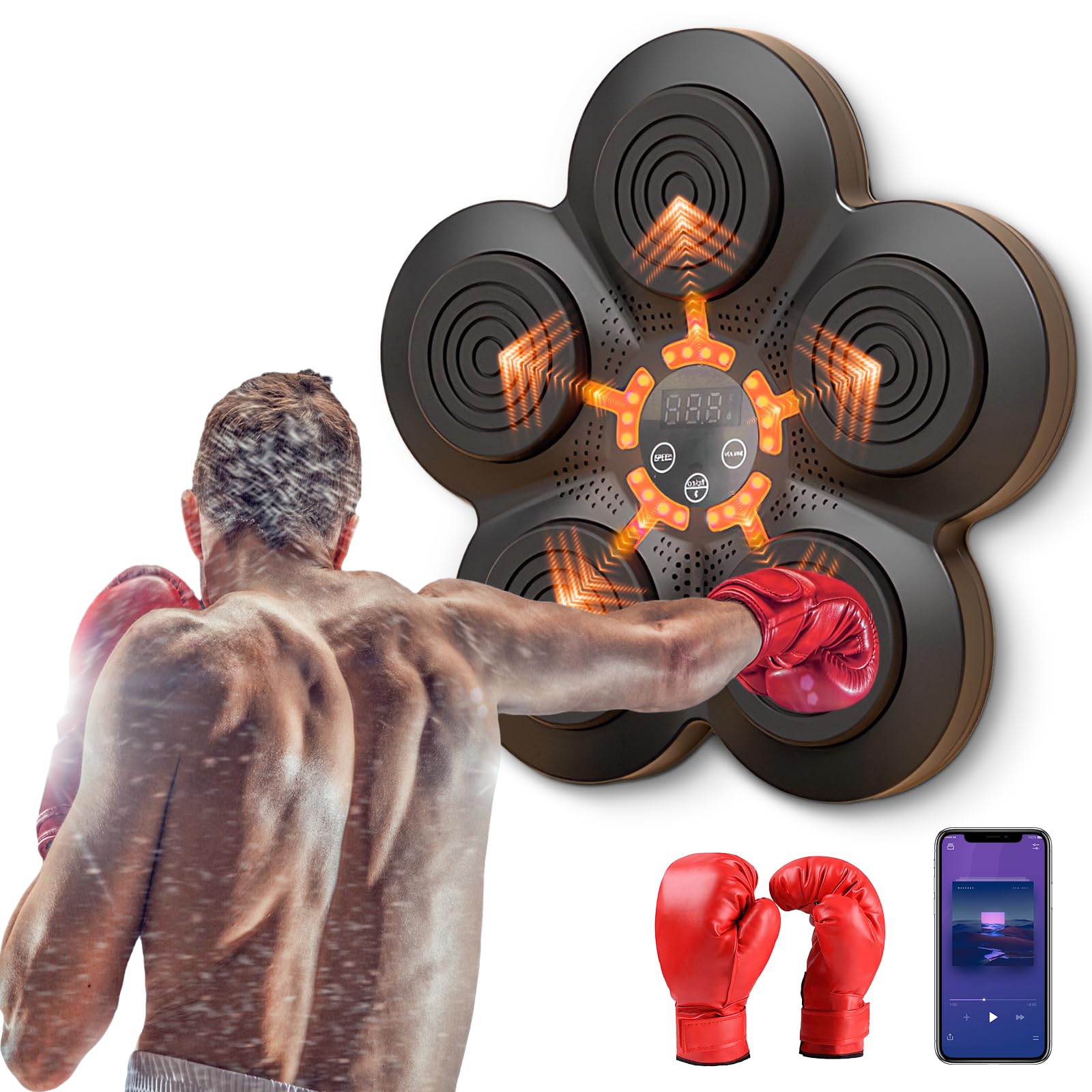 Macchina da Boxe Musicale, Smart Bluetooth Pugile Elettronico, Regalo di Boxe per Bambini e Adulti (Nero+guanti adulti)