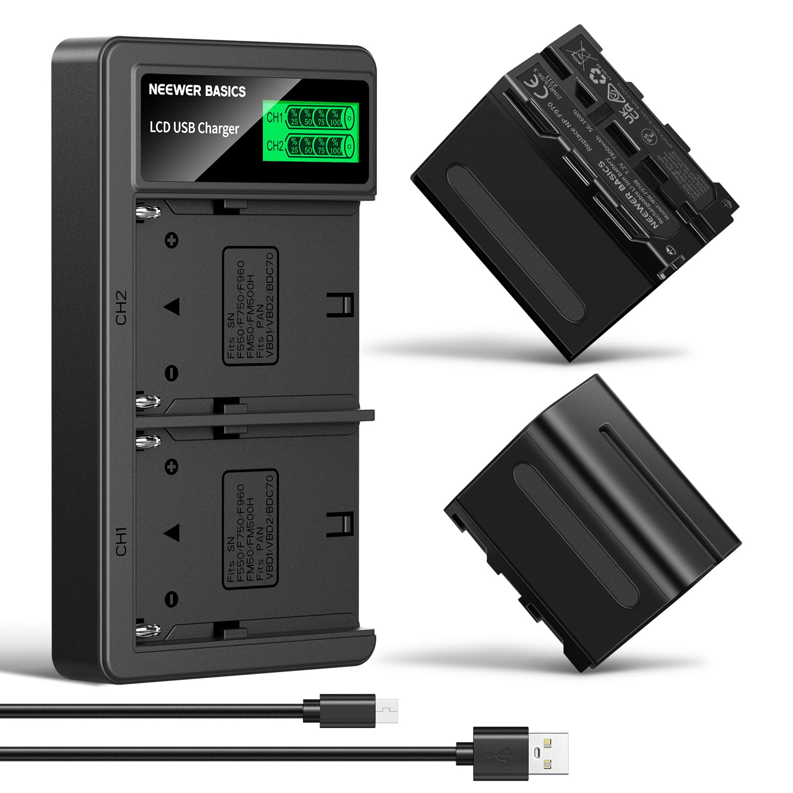 NEEWER BASICS NP-F970 Batteria Ricambio 7800mAh 2pz, Caricatore USB Doppio Compatibile con Sony NP-F970 F960 F950 F770 F750 F570 F550 FX3 FX30 A7 Canon R5 Nikon Z8 Camera Handycam Luce LED Monitor