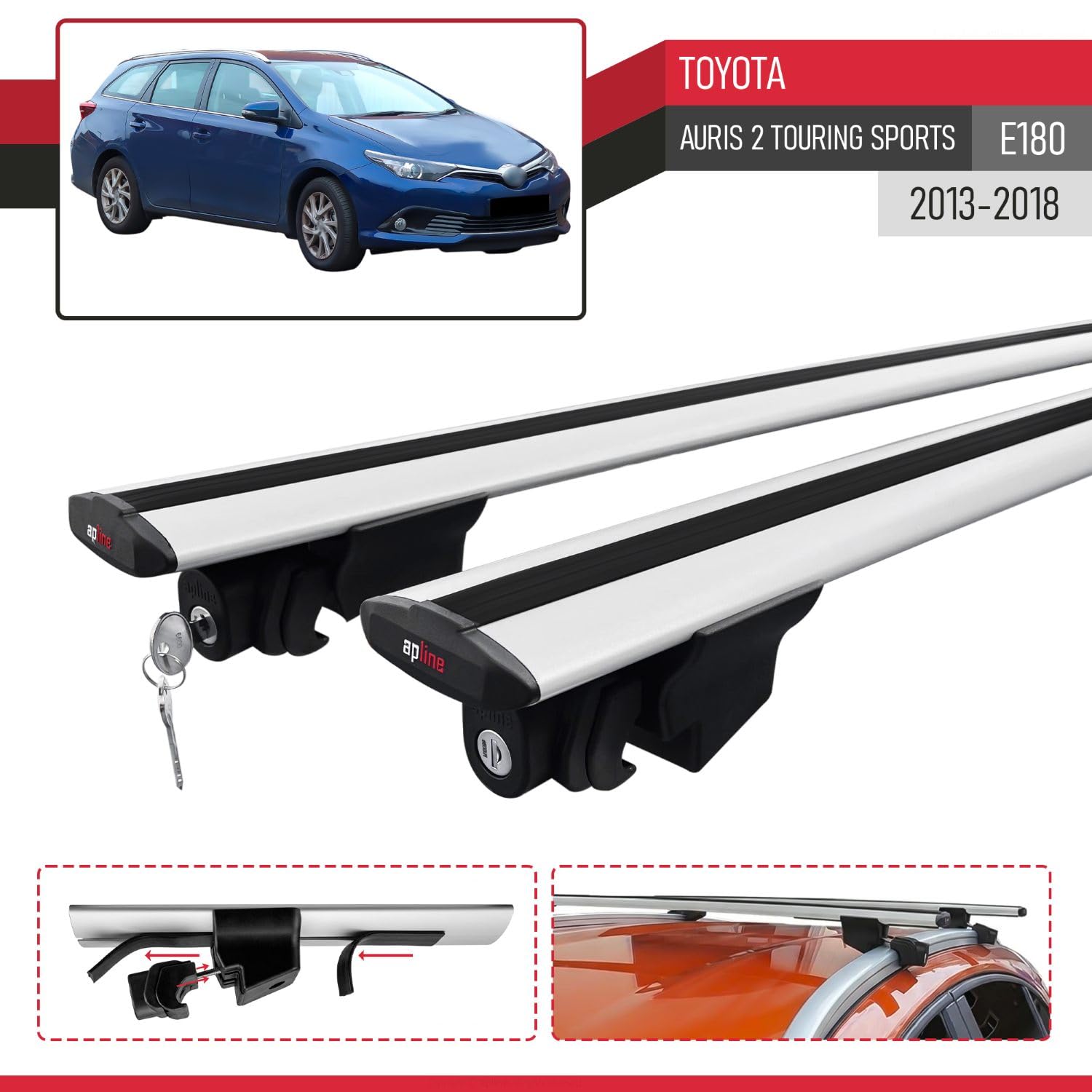 Compatible con Toyota Auris 2 (E180) Touring Sports 2013-2018 Hook Model Barras de Techo Auto Portaequipajes Barras Transversales Gris Aluminio 2 Barras