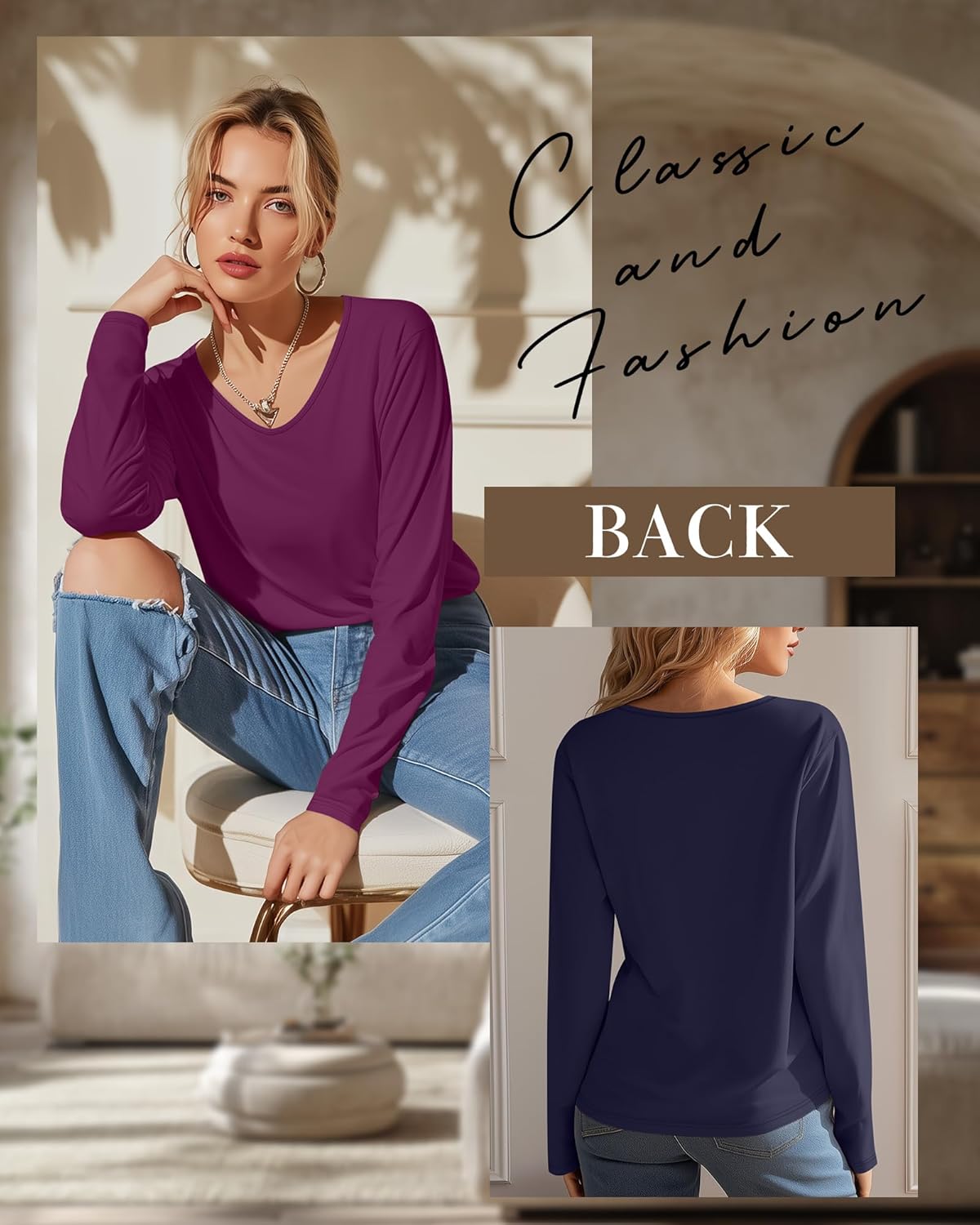 Ficerd 3 Pack Women's Long Sleeve T Shirts, V Neck Basic Tops Fall Casual Trendy Tees Loose Fit Soft Clothes Outfits - Image 4