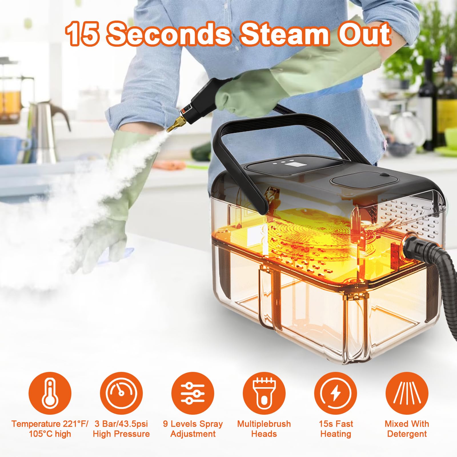 Dampfreiniger für Haushalt und Auto, 9 Stufig Einstellbarer Dampfreiniger, 2500w 15 Sekunden Aufheizzeit Tragbarer Hochdruck Dampfreiniger für Möbel, Sofa, Fliesen, Boden, Fenster, Auto (Schwarz)